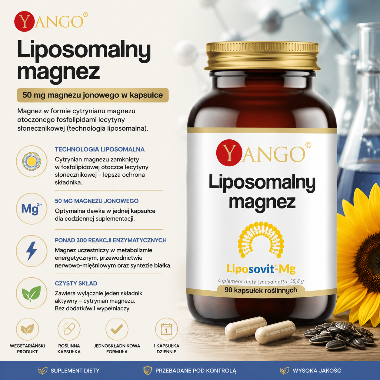 Butelka suplementu diety "Yango Liposomalny magnez" z kapsułkami na tle słonecznika i probówek laboratoryjnych.