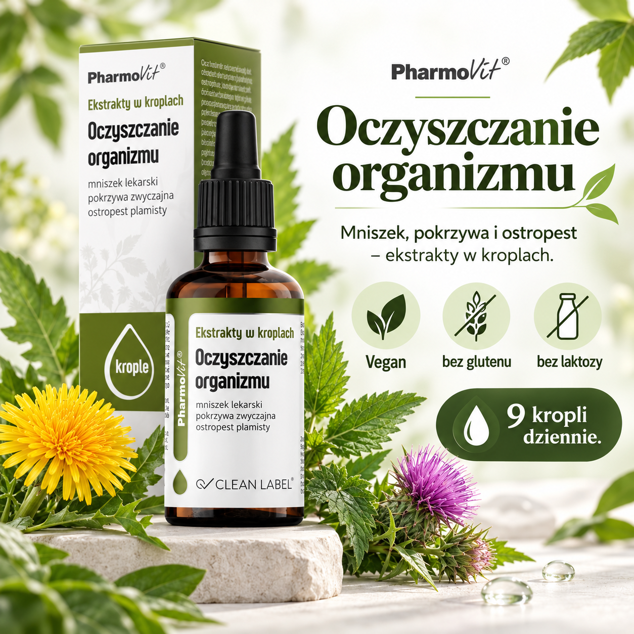 PharmoVit Oczyszczanie organizmu – suplement diety w kroplach 30 ml, z ekstraktami z mniszka lekarskiego, pokrzywy i ostropestu plamistego, Clean Label.