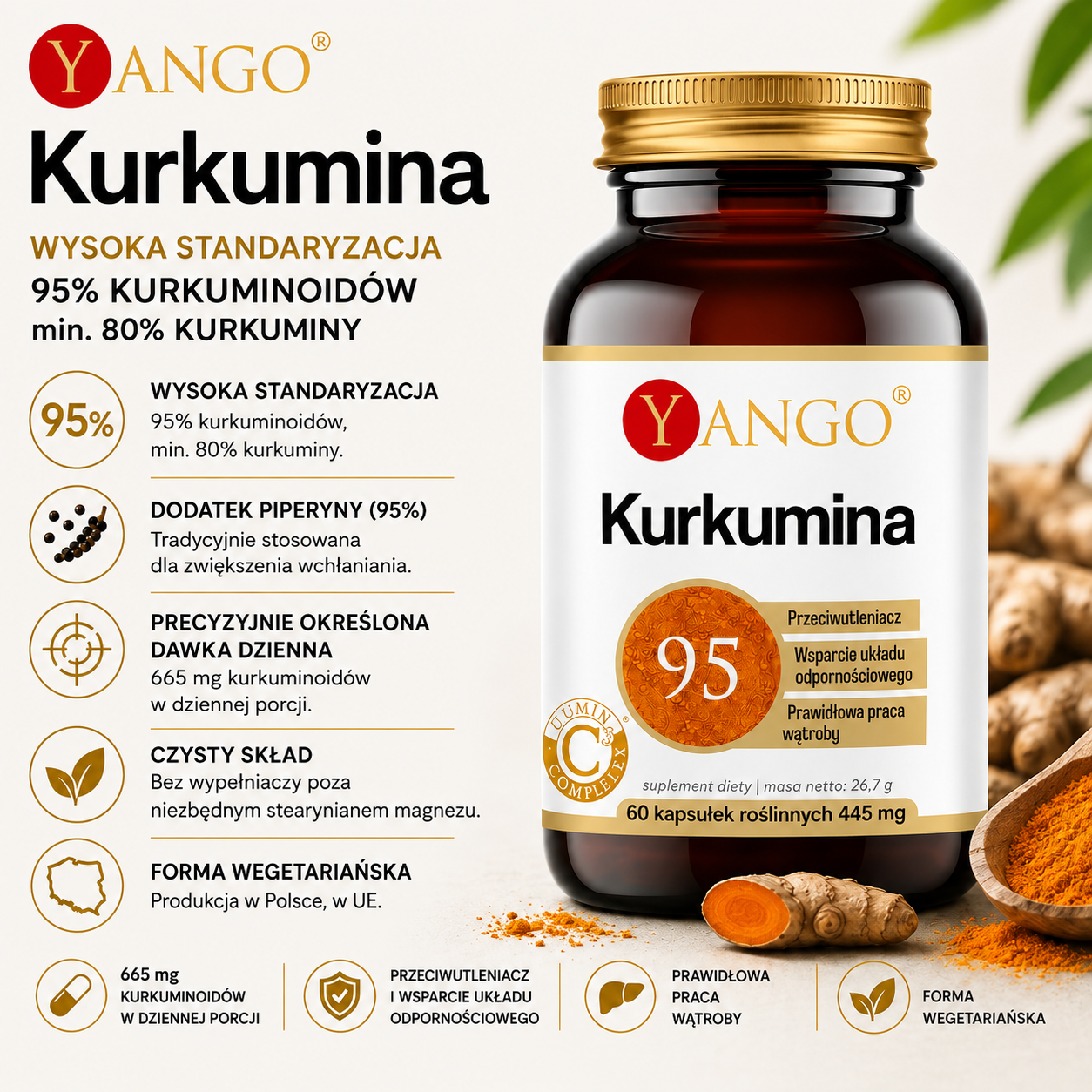 Kurkumina, 60 kapsułek roślinnych – suplement diety standaryzowany na 95% kurkuminoidów i min. 80% kurkuminy, z dodatkiem piperyny, 665 mg kurkuminoidów w dziennej porcji, formuła wegetariańska.