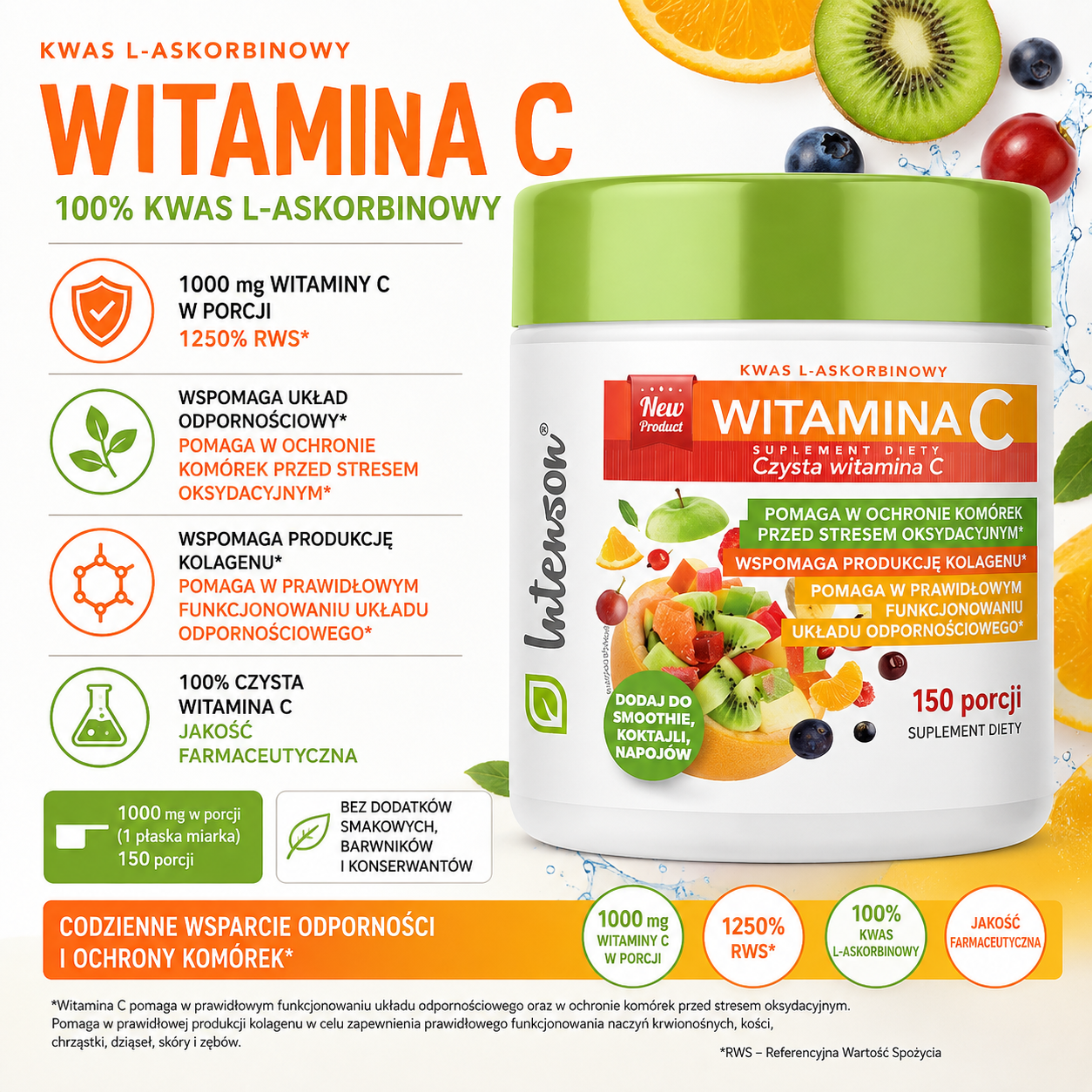 Witamina C Intenson – suplement diety w proszku, 100% kwas L-askorbinowy jakości farmaceutycznej, 1000 mg witaminy C w porcji, czyli 1250% RWS