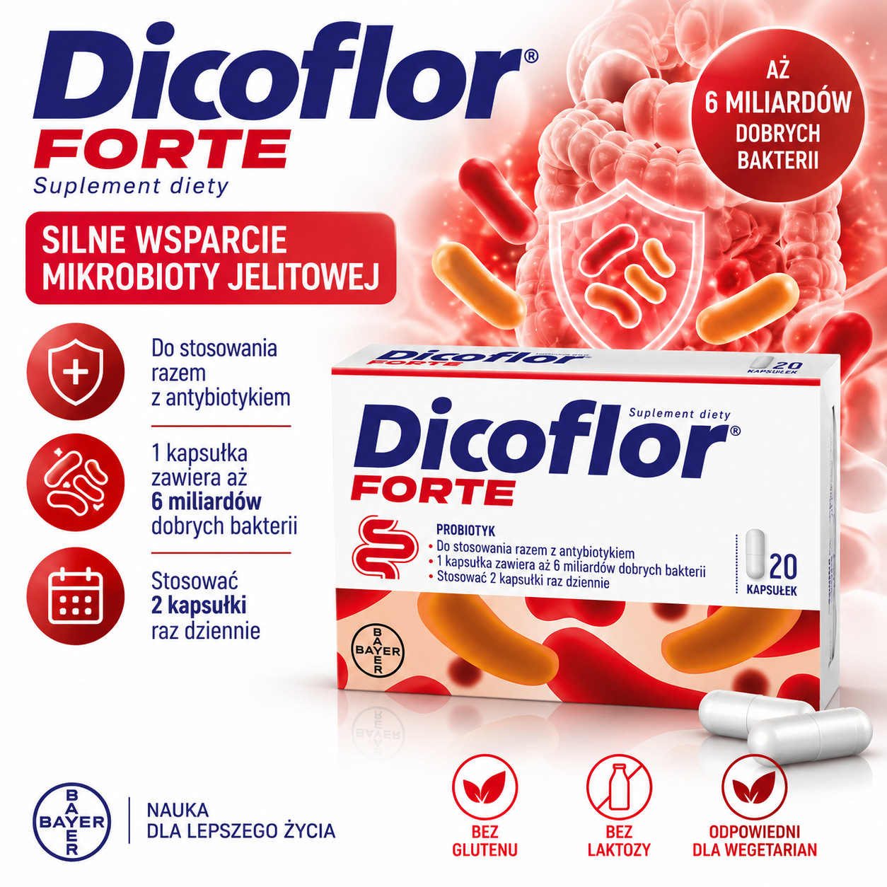 Dicoflor Forte – suplement diety, probiotyk, 20 kapsułek, zawierający 6 miliardów bakterii Lactobacillus rhamnosus GG w jednej kapsułce.