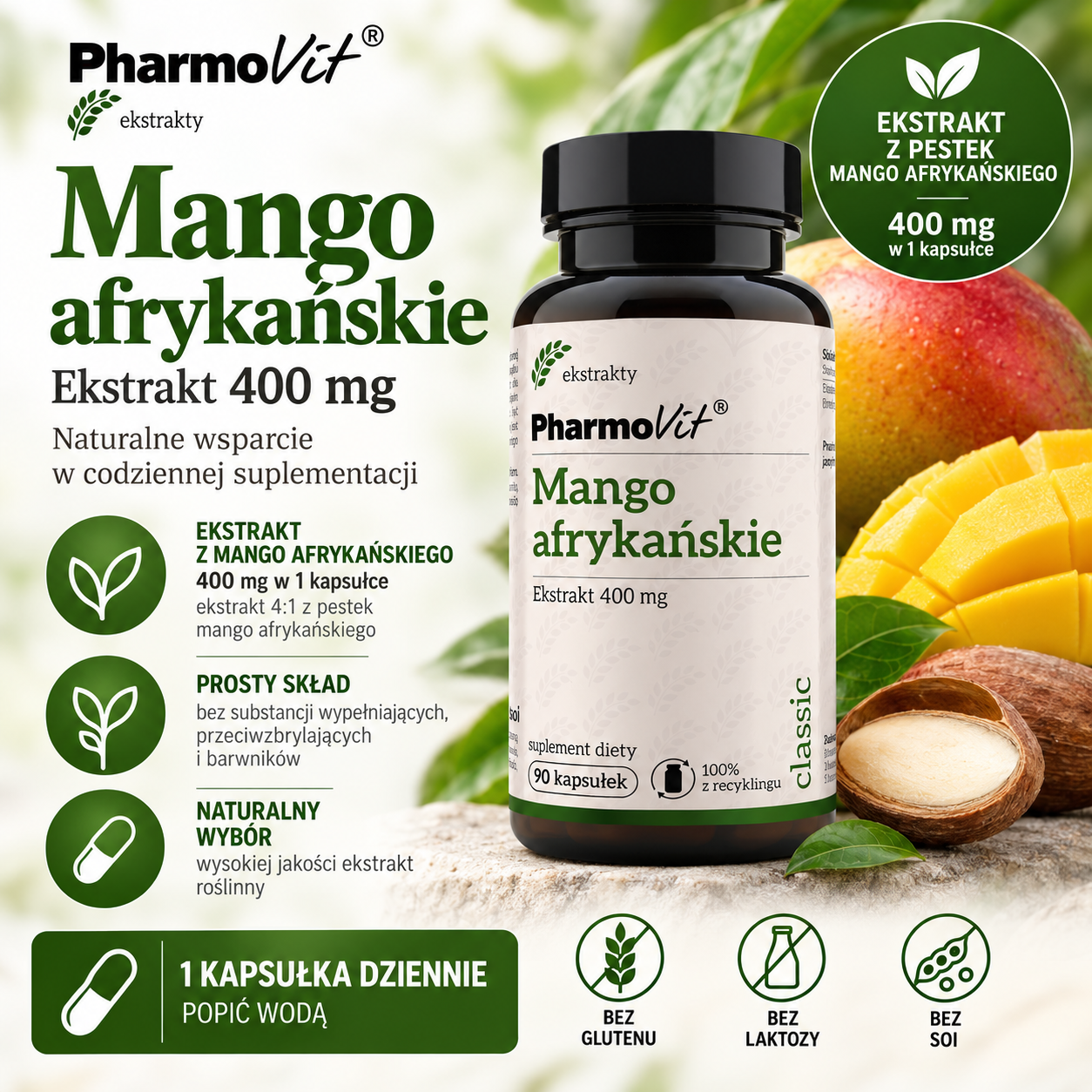 PharmoVit Mango afrykańskie 400 mg – suplement diety, 90 kapsułek, zawierający ekstrakt 4:1 z pestek mango afrykańskiego, bez glutenu, laktozy i soi.