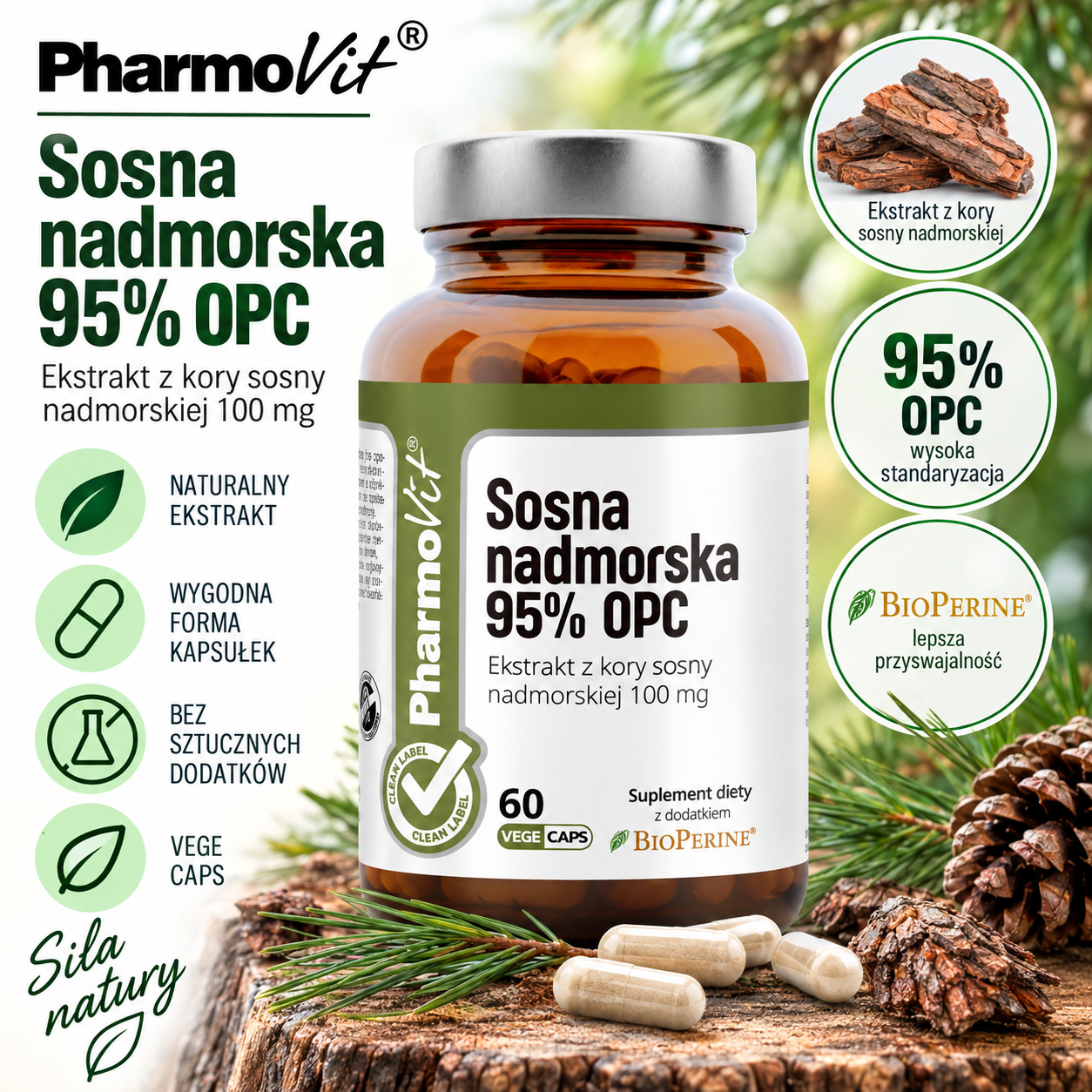 PharmoVit Sosna nadmorska 95% OPC – suplement diety, 60 kapsułek wegańskich, zawierający 100 mg ekstraktu z kory sosny nadmorskiej, z BioPerine®.
