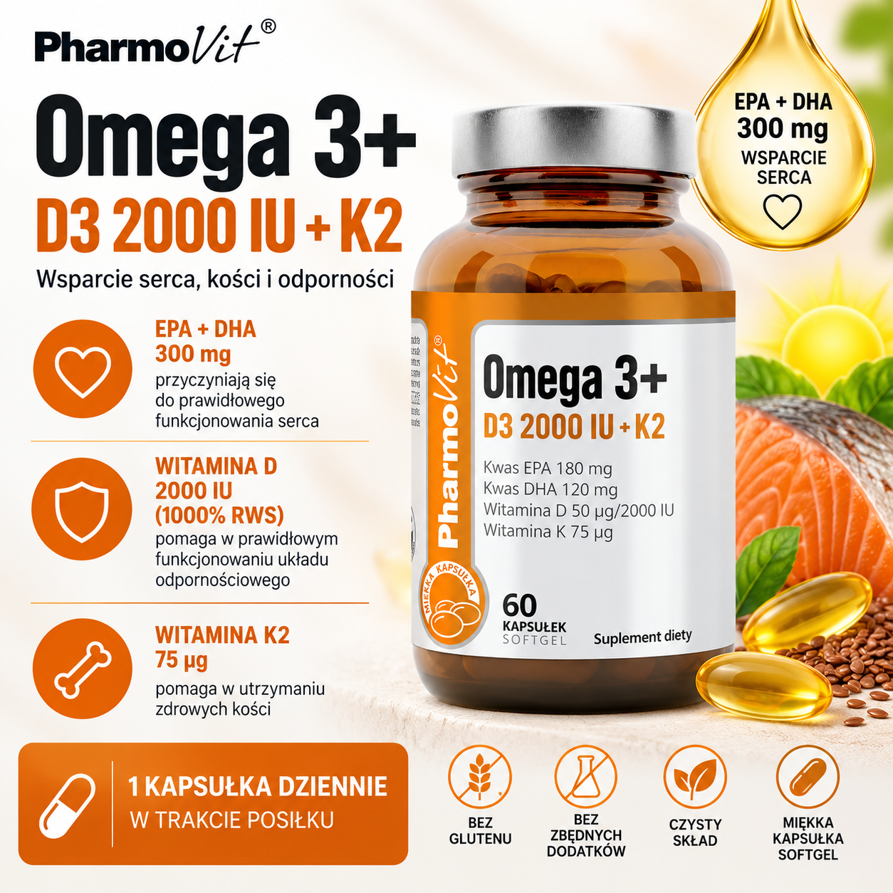PharmoVit Omega 3+ D3 2000 IU + K2 – suplement diety, 60 kapsułek softgel, zawierający EPA i DHA 300 mg oraz witaminy D3 i K2.