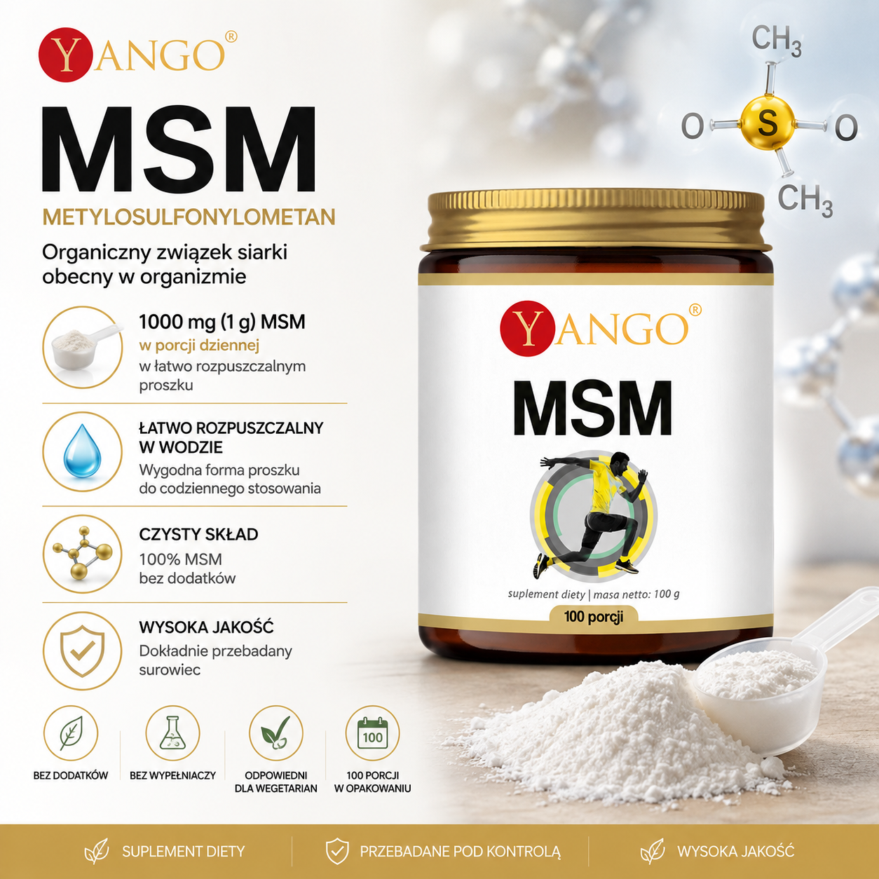 MSM metylosulfonylometan – suplement diety w proszku, 100 g, 1000 mg MSM w porcji dziennej, 100 porcji, bez dodatków i wypełniaczy.