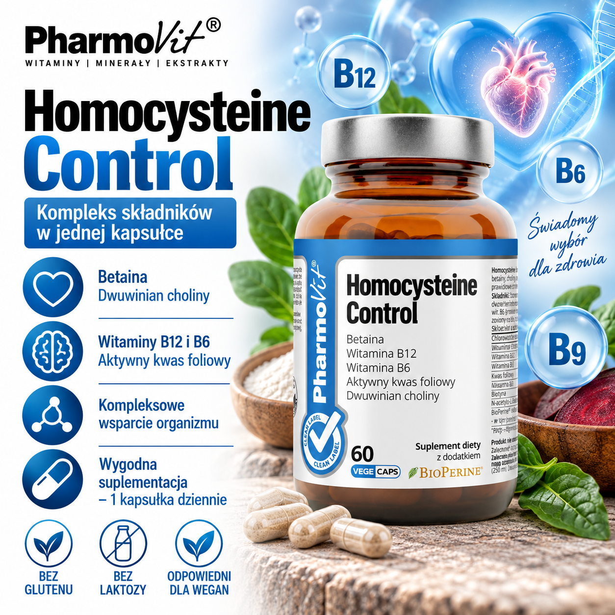 PharmoVit Homocysteine Control – suplement diety, 60 kapsułek wegańskich, zawierający betainę, cholinę, witaminy B6 i B12 oraz aktywny kwas foliowy.