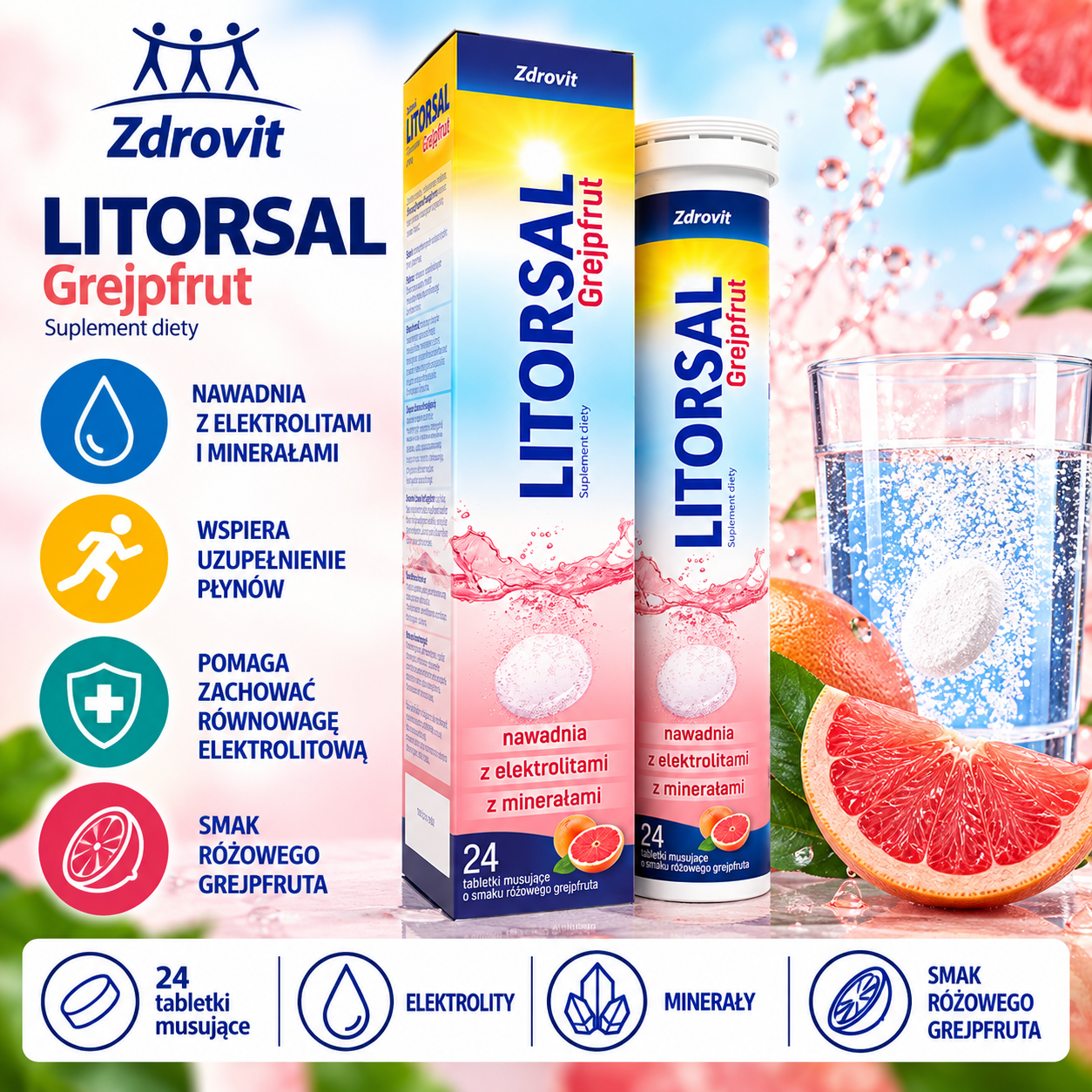 Zdrovit Litorsal Grejpfrut – suplement diety, 24 tabletki musujące o smaku różowego grejpfruta, zawierający elektrolity i minerały.