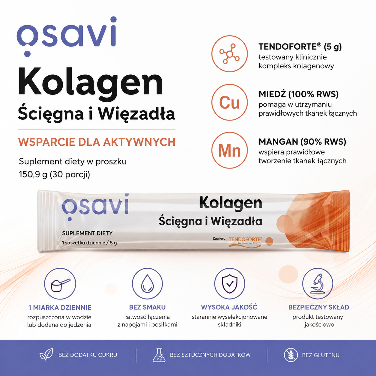 Osavi Kolagen Ścięgna i Więzadła 150,9 g – suplement diety z TENDOFORTE® 5 g, miedzią i manganem, bezsmakowy kompleks kolagenowy, 30 porcji.