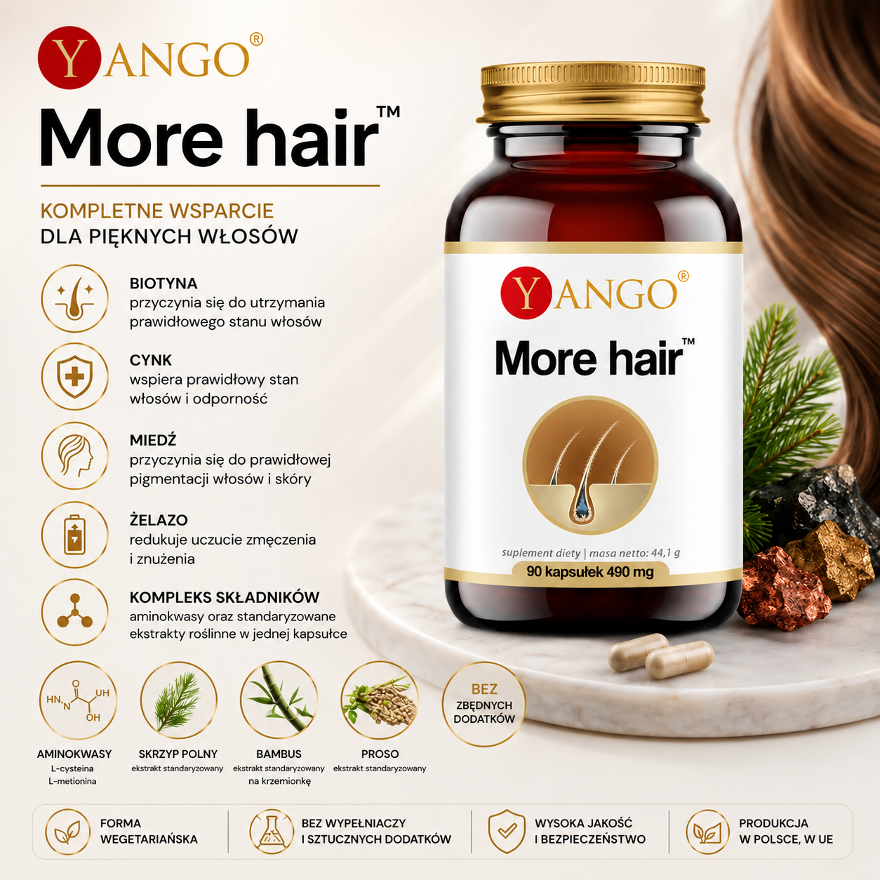 More Hair, 90 kapsułek – suplement diety z biotyną, cynkiem, miedzią, żelazem, aminokwasami oraz standaryzowanymi ekstraktami ze skrzypu polnego, bambusa i prosa, w kapsułkach wegetariańskich.