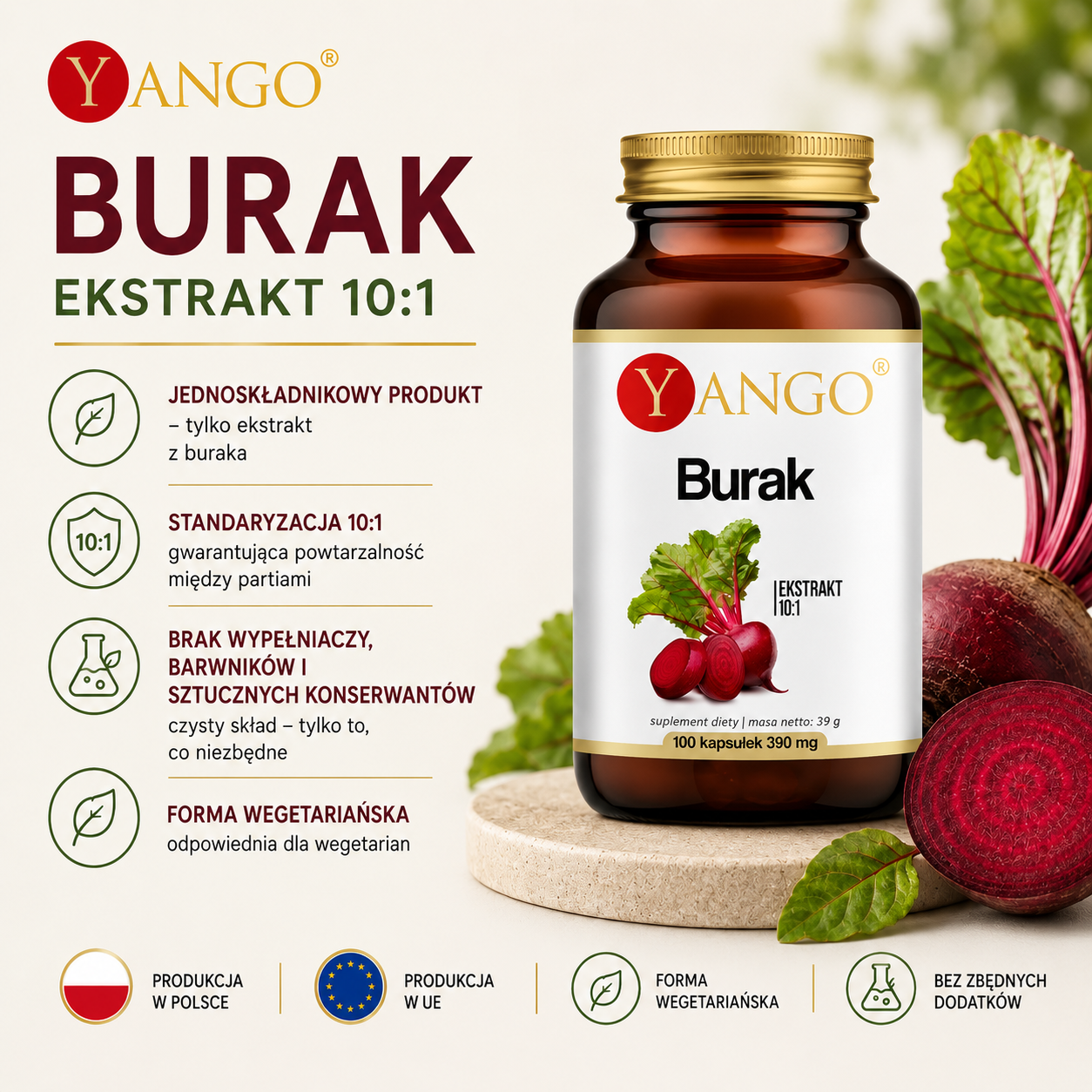 YANGO Burak – ekstrakt z buraka 10:1, suplement diety w kapsułkach. Grafika przedstawia bursztynową butelkę z 100 kapsułkami po 390 mg oraz świeże buraki. Informacje na grafice wskazują na jednoskładnikową formułę, ekstrakt 10:1, formę wegetariańską, brak wypełniaczy, barwników i sztucznych konserwantów oraz produkcję w Polsce i UE.