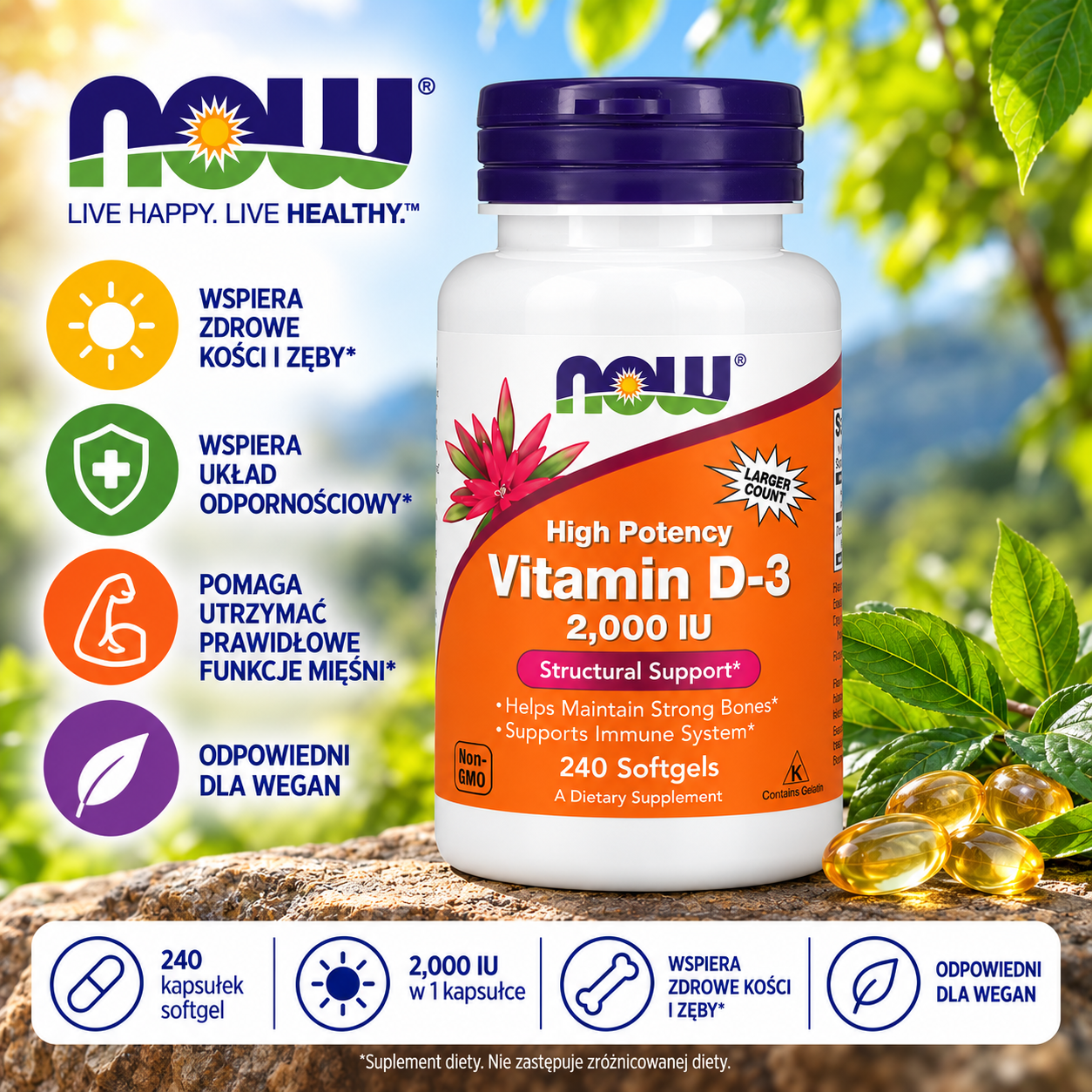 NOW Foods Vitamin D-3 2000 IU – suplement diety, 240 kapsułek softgel, zawierający witaminę D3 w dawce 2000 IU na kapsułkę.