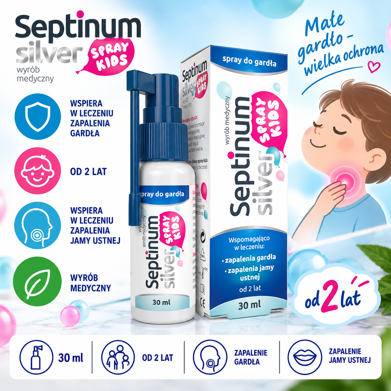 Septinum Silver Spray Kids – wyrób medyczny w sprayu do gardła, 30 ml, dla dzieci od 2. roku życia, wspomagający leczenie zapalenia gardła i jamy ustnej.