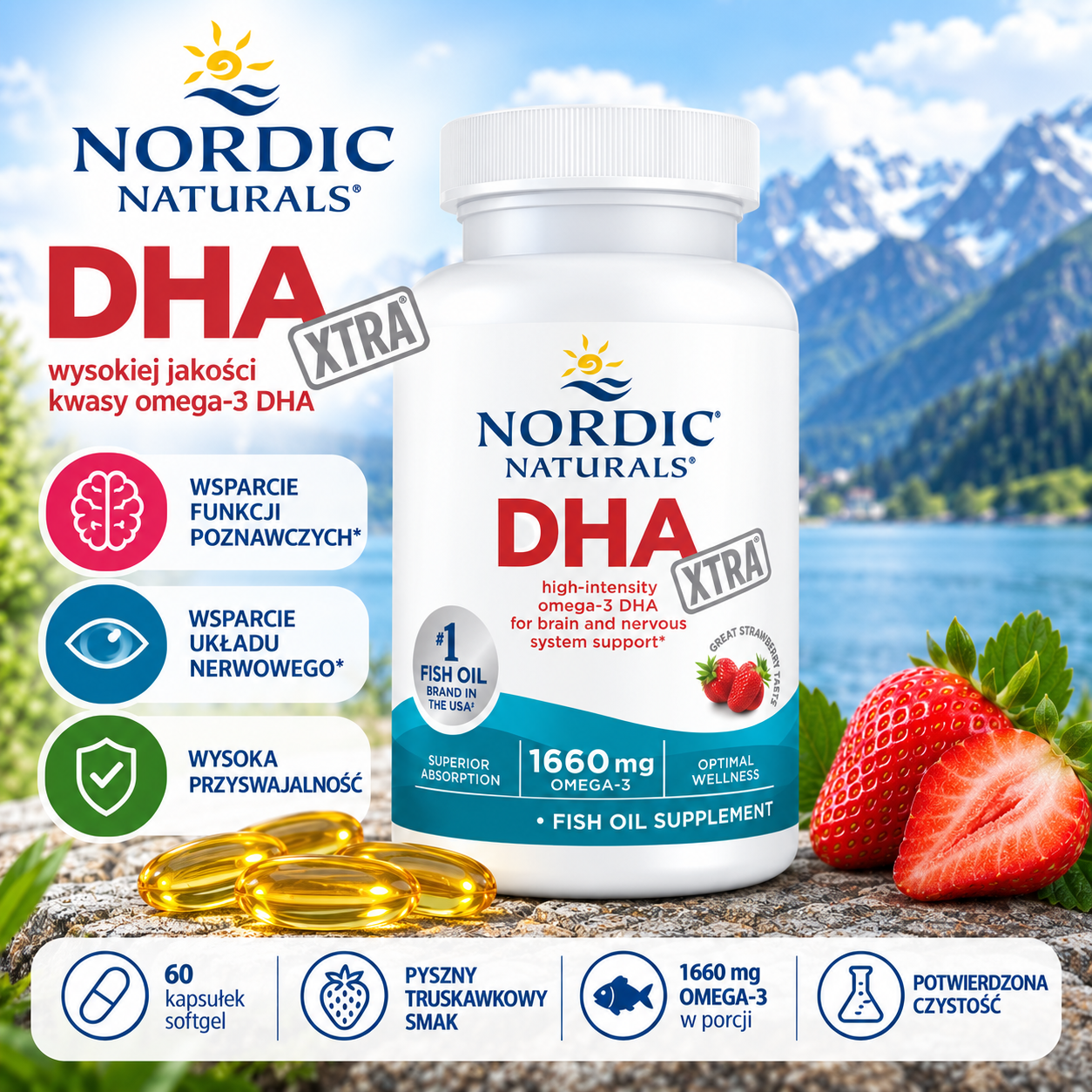 Nordic Naturals DHA Xtra – suplement diety, 60 kapsułek softgel, zawierający 1660 mg kwasów omega-3 w porcji, o truskawkowym smaku.