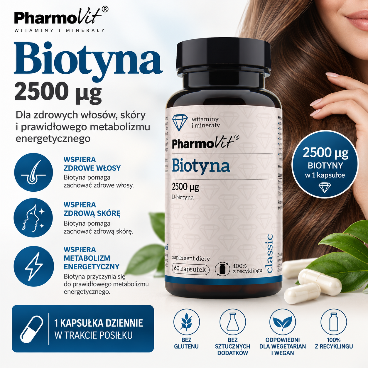 PharmoVit Biotyna 2500 µg – suplement diety, 60 kapsułek, z wysoką zawartością biotyny wspierającej zdrowe włosy, skórę i prawidłowy metabolizm energetyczny.