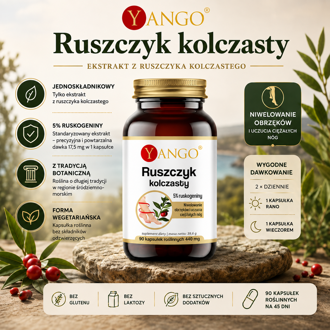 Ruszczyk kolczasty – suplement diety z ekstraktem standaryzowanym na 5% ruskogeniny, 90 kapsułek roślinnych, forma wegetariańska.