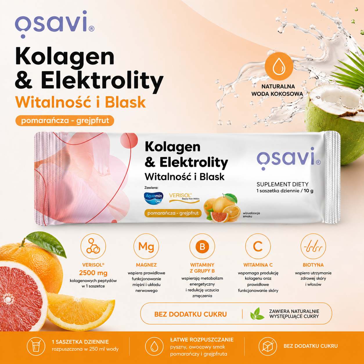 Osavi Kolagen & Elektrolity Witalność i Blask – suplement diety 10 g o smaku pomarańczy i grejpfruta, z VERISOL® 2500 mg, magnezem, witaminami B i C oraz biotyną.