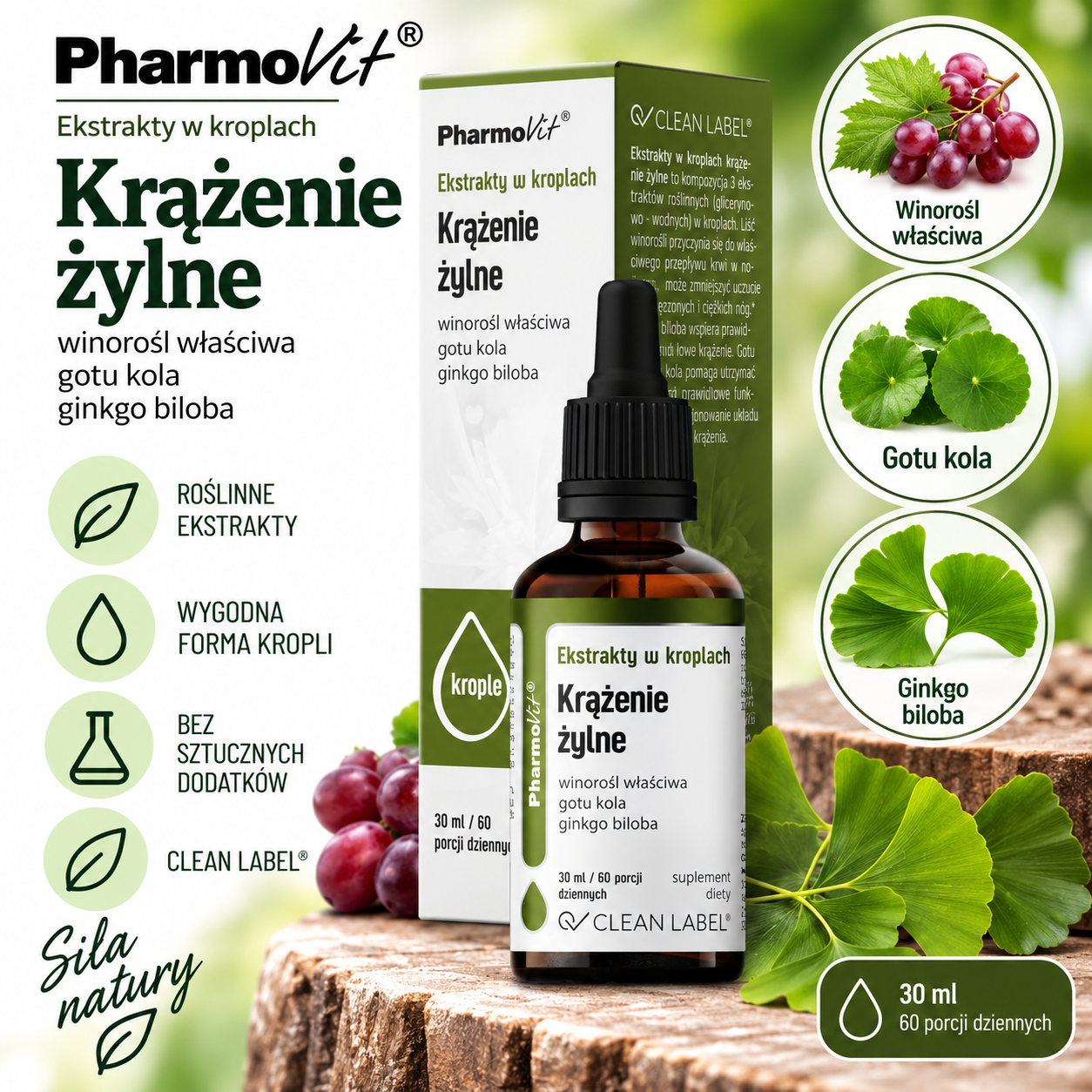 PharmoVit Krążenie żylne – suplement diety w kroplach, 30 ml, zawierający ekstrakty z winorośli właściwej, gotu koli i ginkgo biloba.