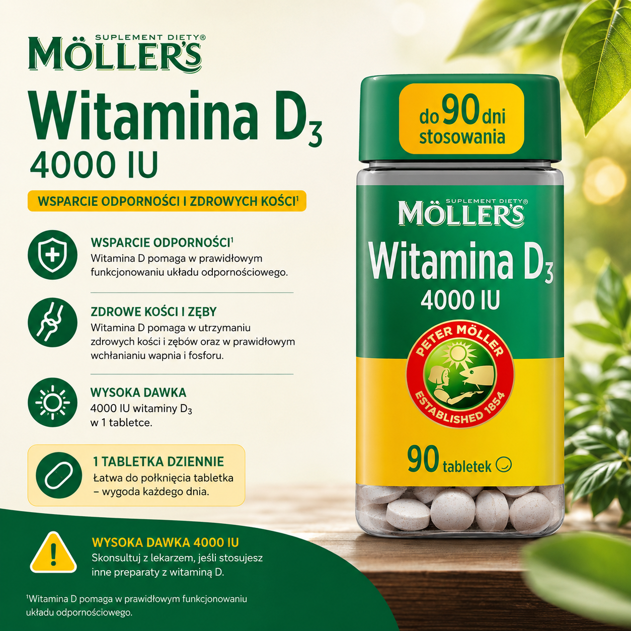 Möller’s Witamina D3 4000 IU – suplement diety, 90 tabletek, wspiera prawidłowe funkcjonowanie układu odpornościowego i pomaga w utrzymaniu zdrowych kości; zalecane spożycie 1 tabletka dziennie.