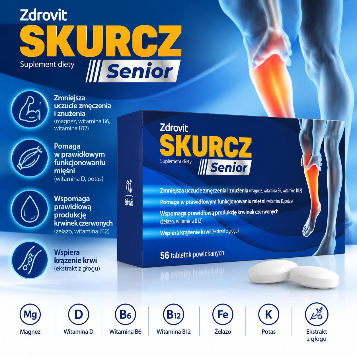 Zdrovit Skurcz Senior – suplement diety, 56 tabletek powlekanych, zawierający magnez, witaminy D, B6 i B12, żelazo, potas oraz ekstrakt z głogu.