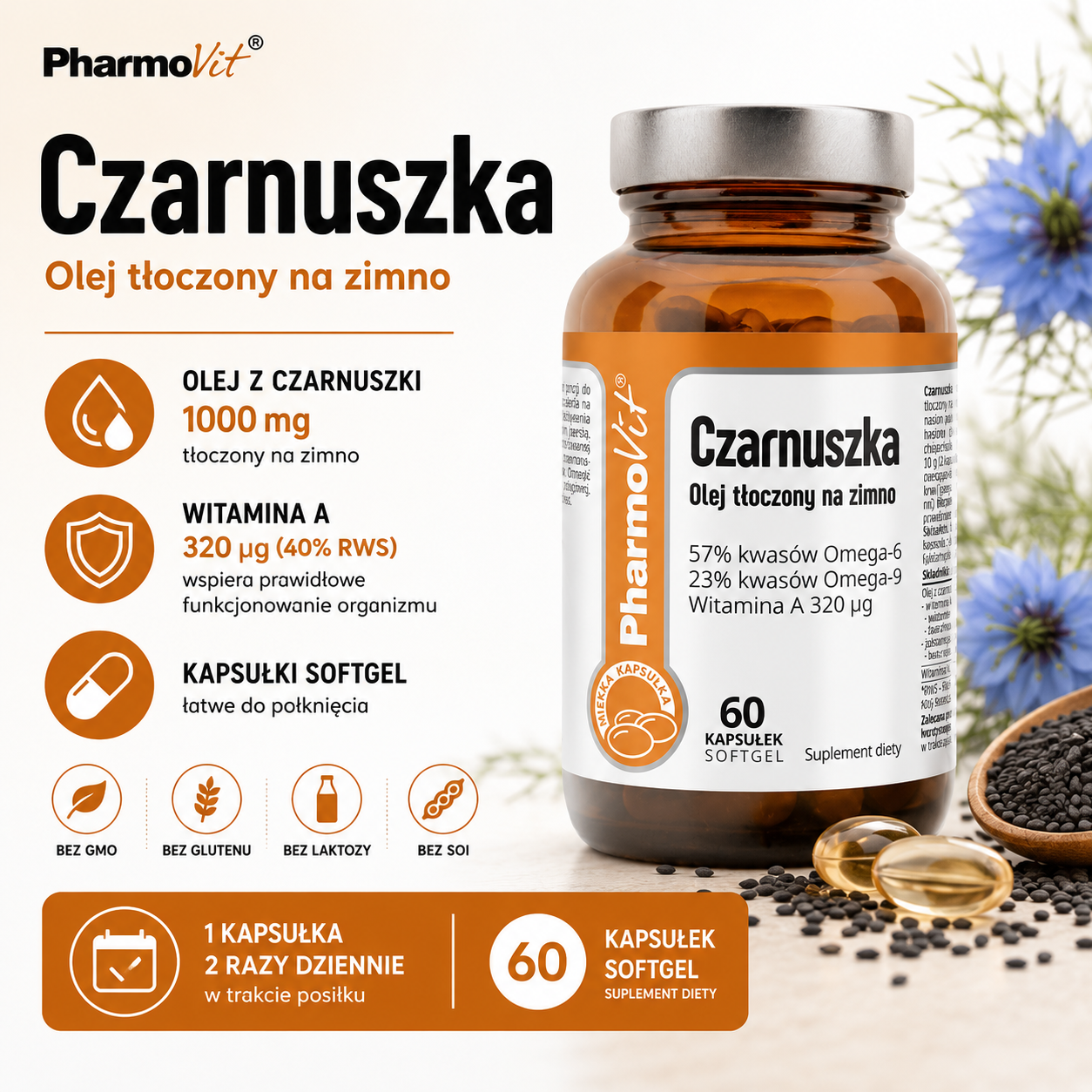 PharmoVit Czarnuszka – suplement diety, 60 kapsułek softgel, zawierający 1000 mg tłoczonego na zimno oleju z czarnuszki oraz witaminę A.