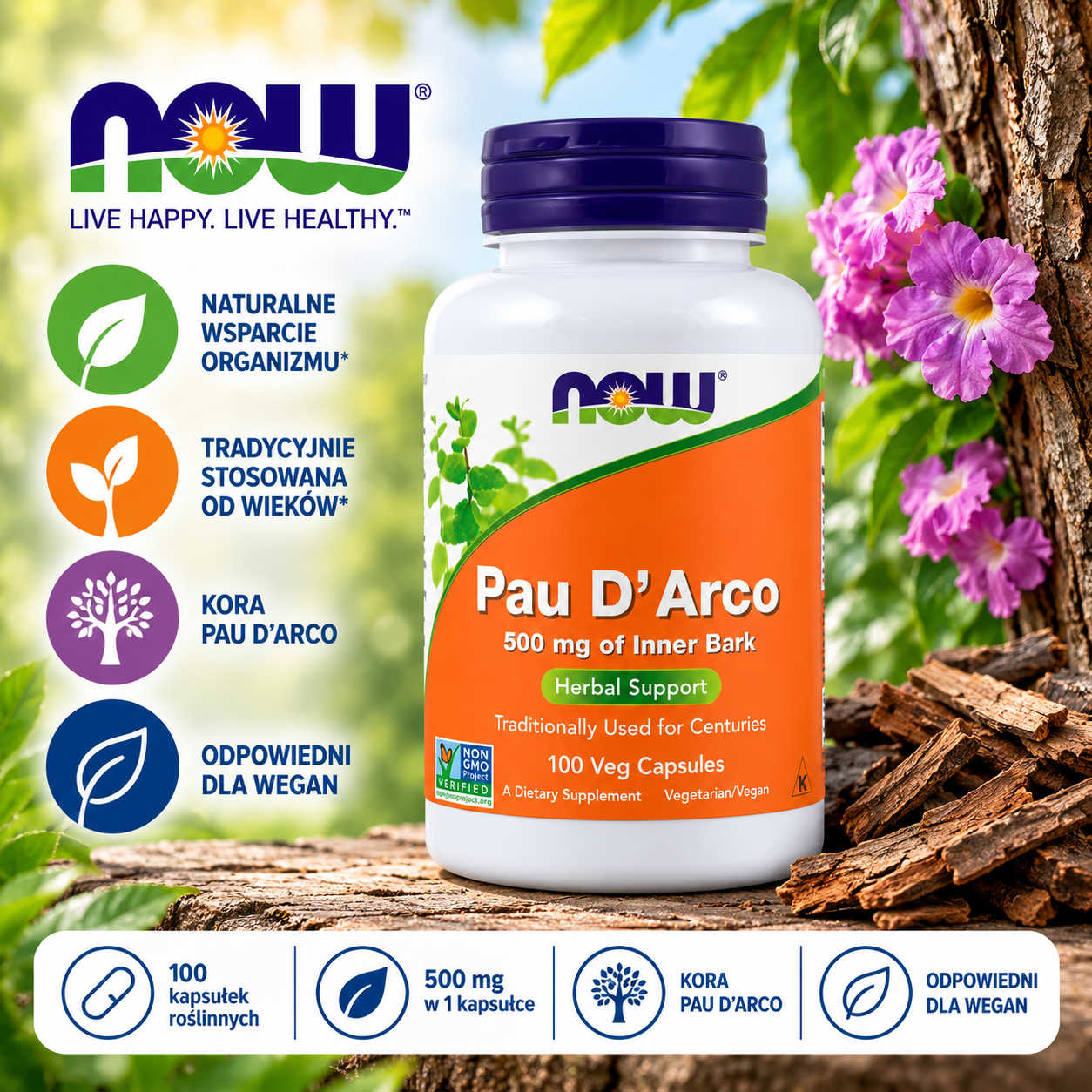 NOW Foods Pau D’Arco 500 mg – suplement diety, 100 kapsułek roślinnych, zawierający korę Pau D’Arco, odpowiedni dla wegan.