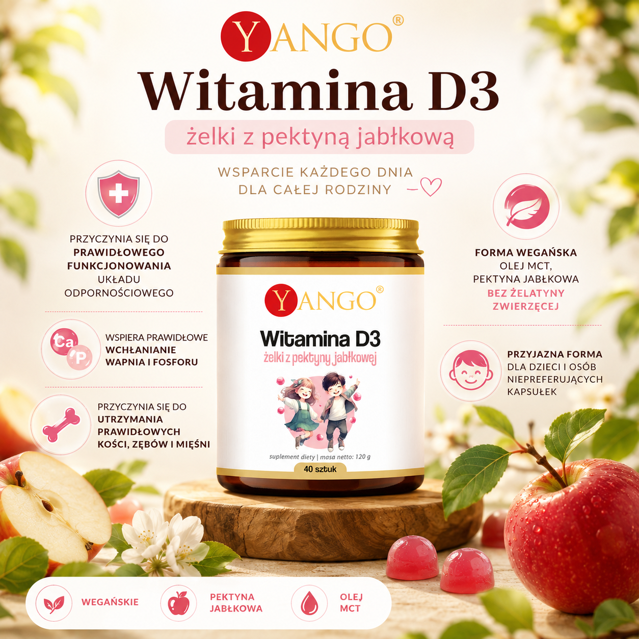 Opakowanie witaminy D3 Yango w żelkach z pektyną jabłkową na drewnianym tle, otoczone jabłkami i malinami, z ikonami zalet produktu.