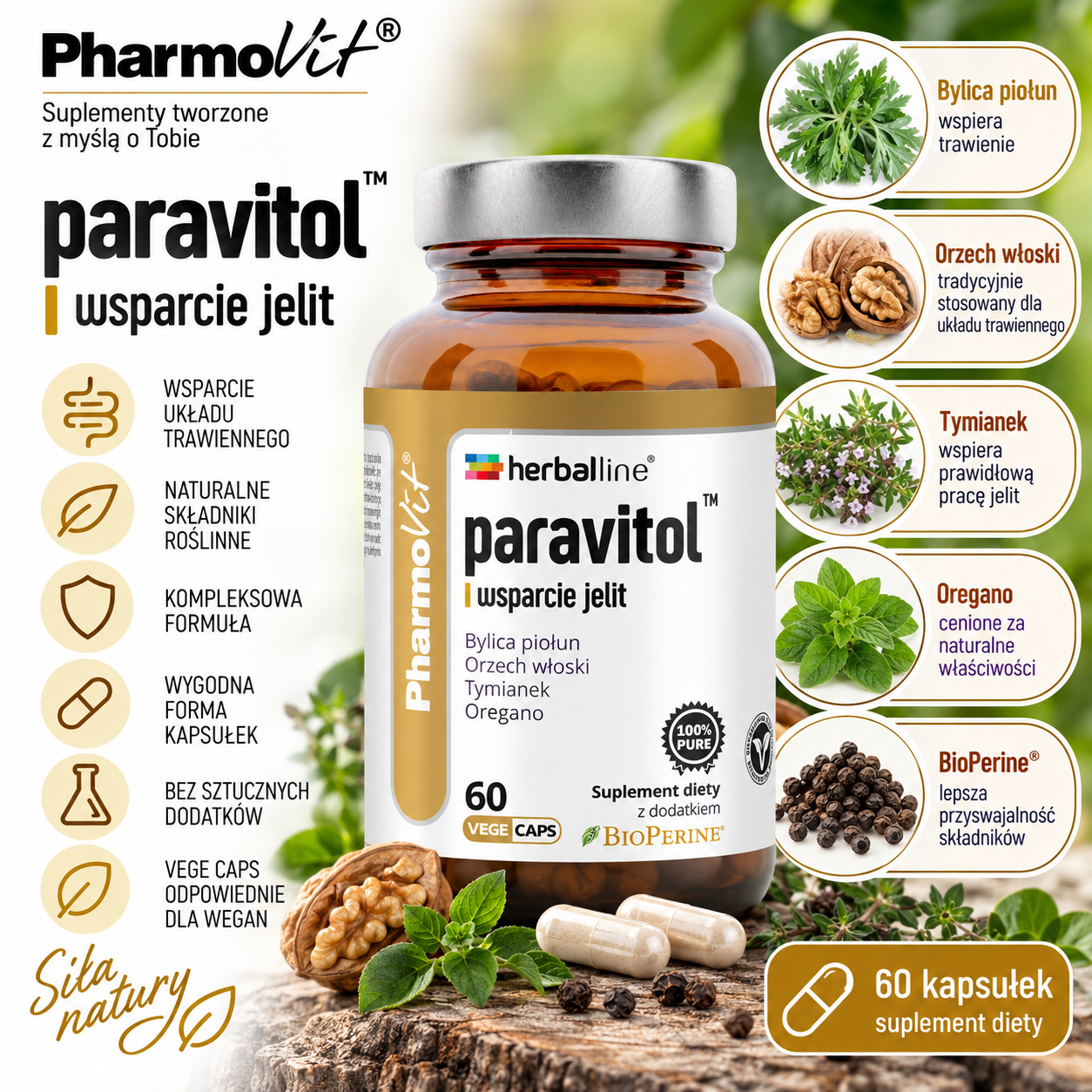PharmoVit Herballine Paravitol™ – suplement diety, 60 kapsułek wegańskich, z bylicą piołun, orzechem włoskim, tymiankiem, oregano i BioPerine®.