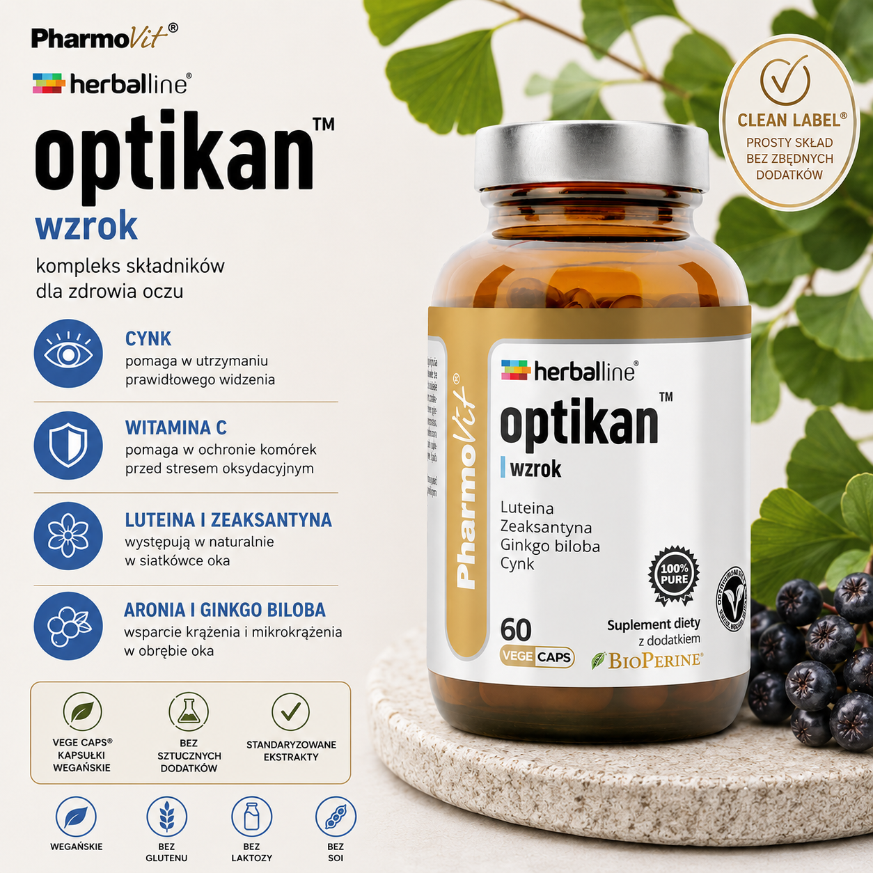 PharmoVit Herballine Optikan™ Wzrok – suplement diety, 60 kapsułek wegańskich, z cynkiem, witaminą C, luteiną, zeaksantyną, aronią i ginkgo biloba.