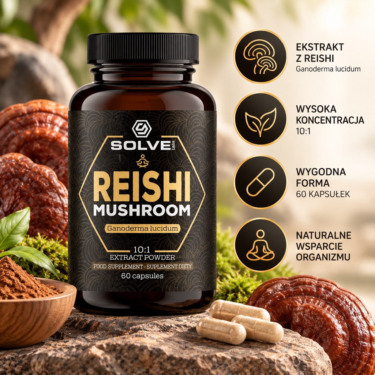 Solve Labs Reishi Mushroom – suplement diety, 60 kapsułek, zawierający ekstrakt 10:1 z grzyba Reishi (Ganoderma lucidum).