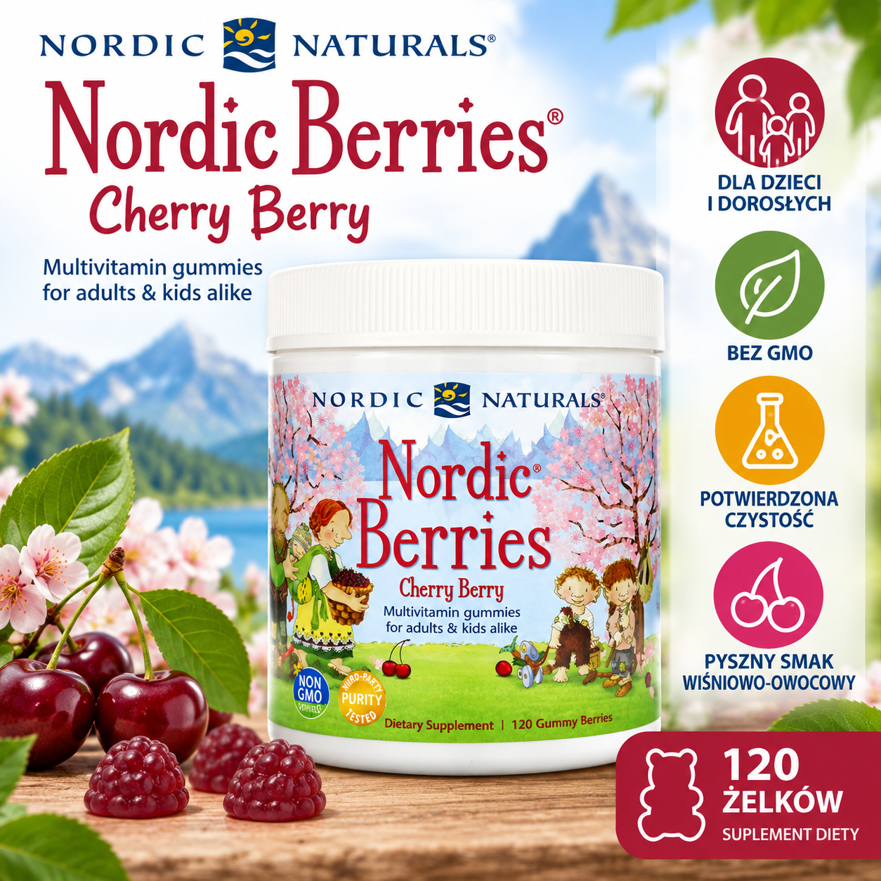 Nordic Naturals Nordic Berries Cherry Berry – suplement diety w formie żelków multiwitaminowych o smaku wiśniowo-owocowym, 120 żelków.