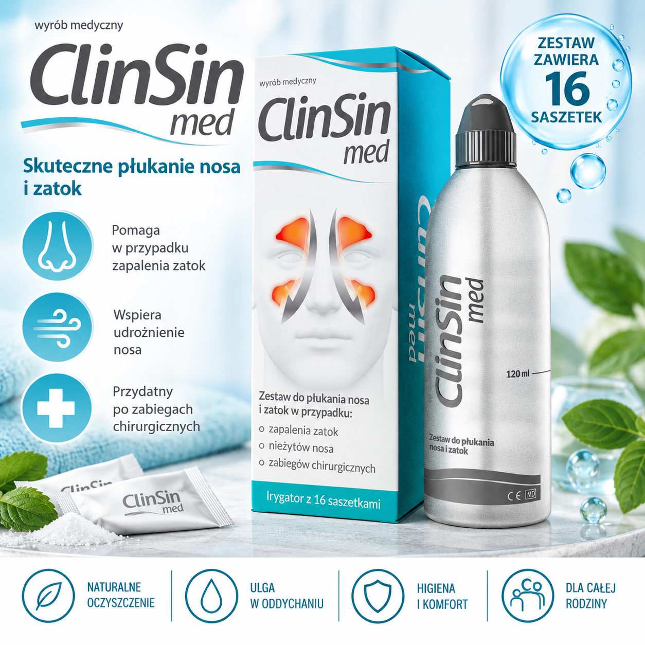 ClinSin med – wyrób medyczny, zestaw do płukania nosa i zatok, zawierający irygator 120 ml oraz 16 saszetek.