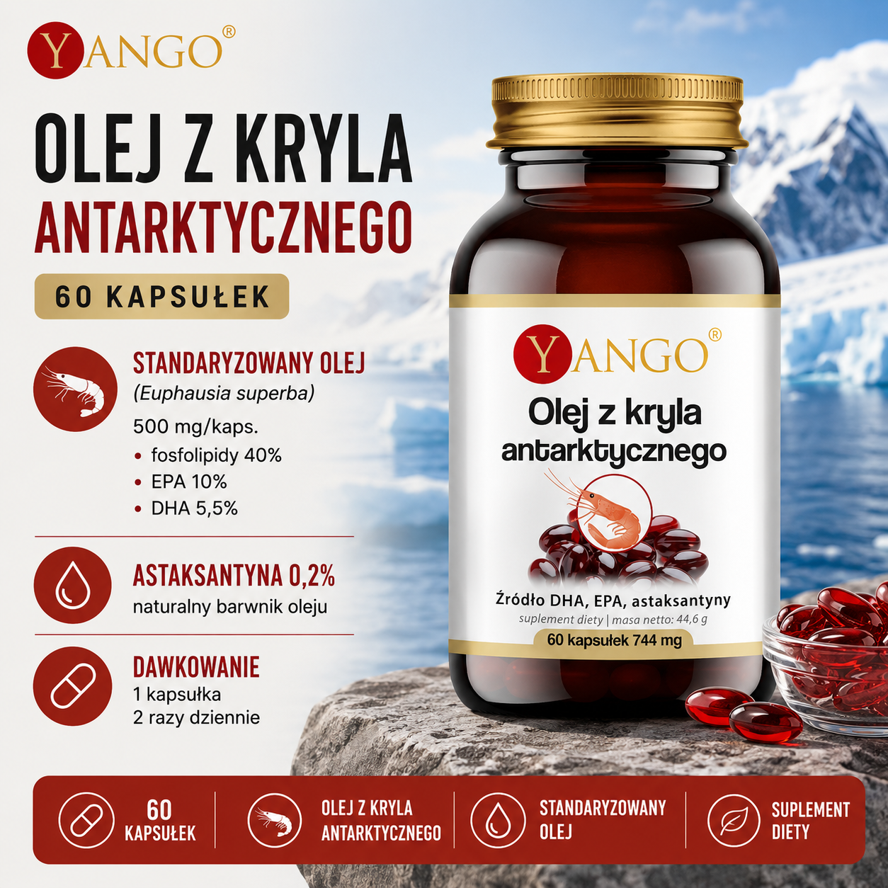 Opakowanie kapsułek z olejem z kryla antarktycznego marki Yango, z informacjami o składzie, dawkowaniu i zaletach suplementu.