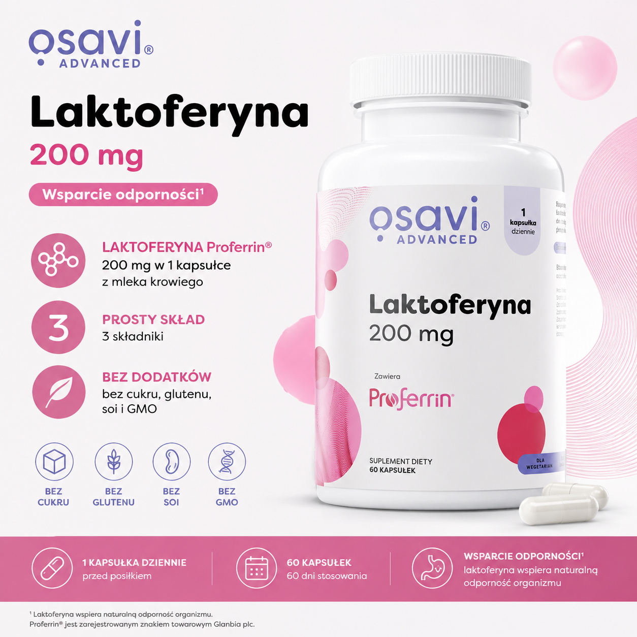 Osavi Advanced Laktoferyna 200 mg – suplement diety, 60 kapsułek, zawierający laktoferynę Proferrin® z mleka krowiego, bez cukru, glutenu, soi i GMO.