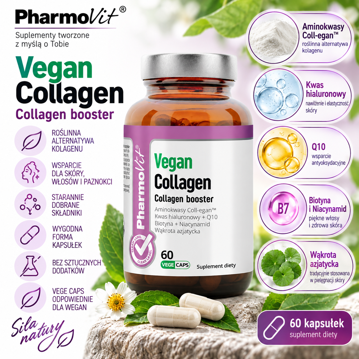 PharmoVit Vegan Collagen – suplement diety, 60 kapsułek wegańskich, z aminokwasami Coll-egan™, kwasem hialuronowym, Q10, biotyną, niacynamidem i wąkrotą azjatycką.