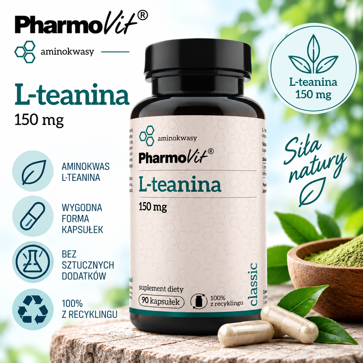 PharmoVit L-teanina 150 mg – suplement diety, 90 kapsułek, zawierający 150 mg L-teaniny w jednej kapsułce.
