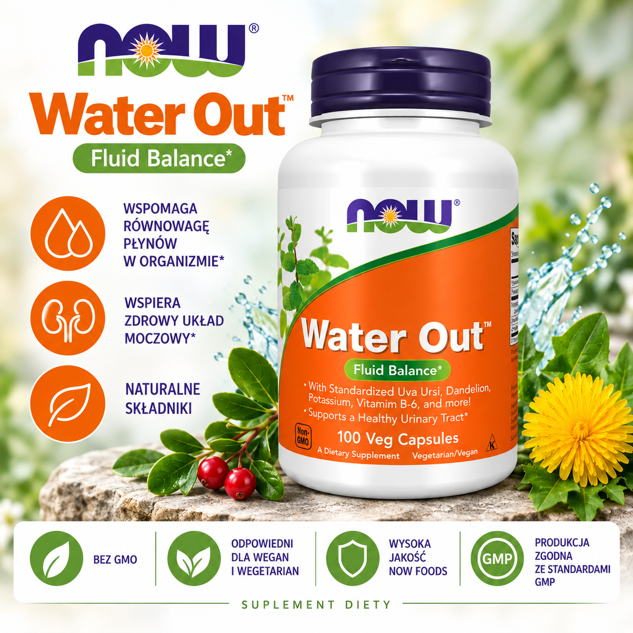NOW Foods Water Out – suplement diety, 100 kapsułek roślinnych, zawierający m.in. mącznicę lekarską, mniszek lekarski, potas i witaminę B6.