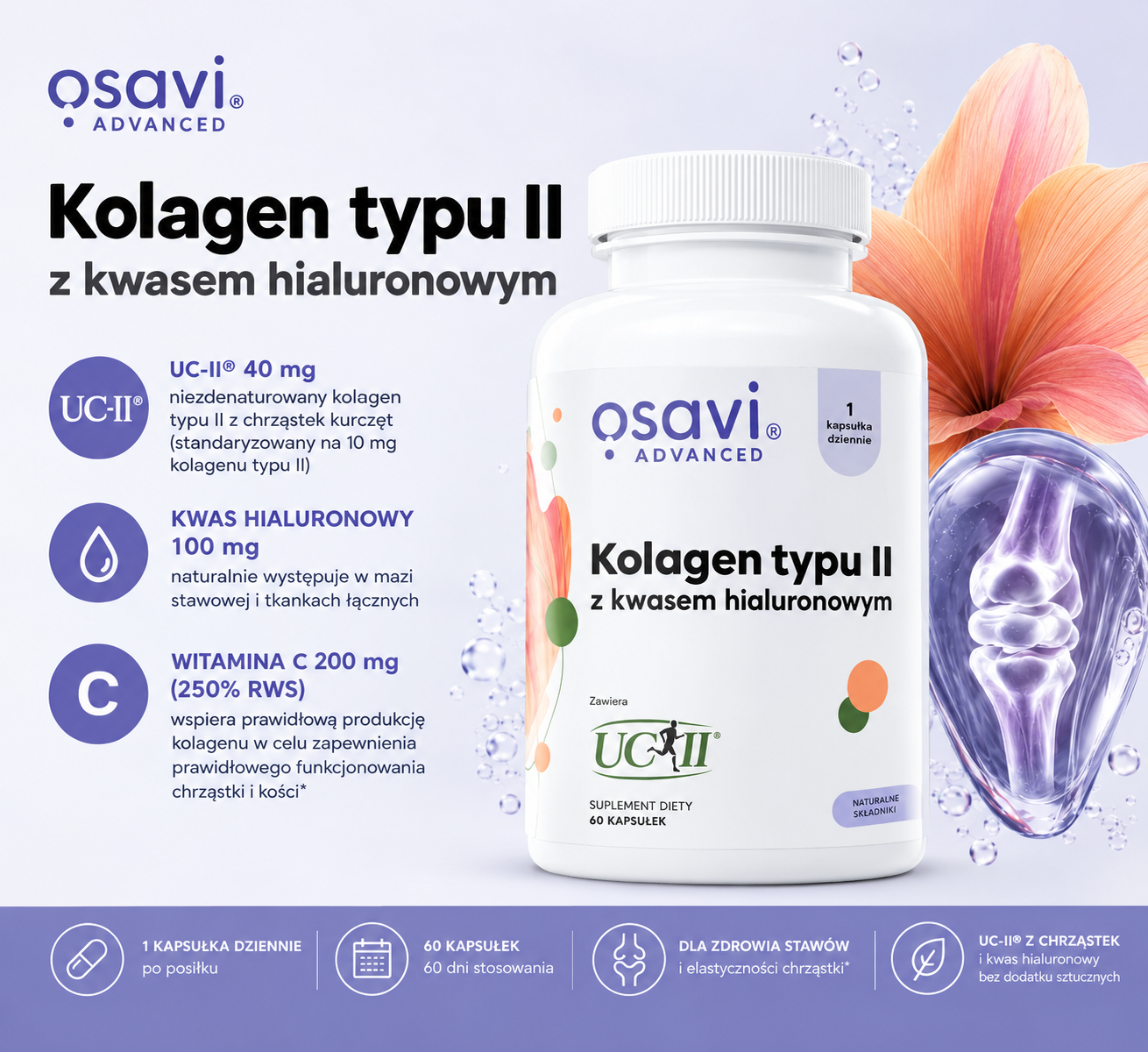 Osavi Advanced Kolagen Typu II z Kwasem Hialuronowym – suplement diety, 60 kapsułek, z UC-II® 40 mg, kwasem hialuronowym 100 mg i witaminą C 200 mg.