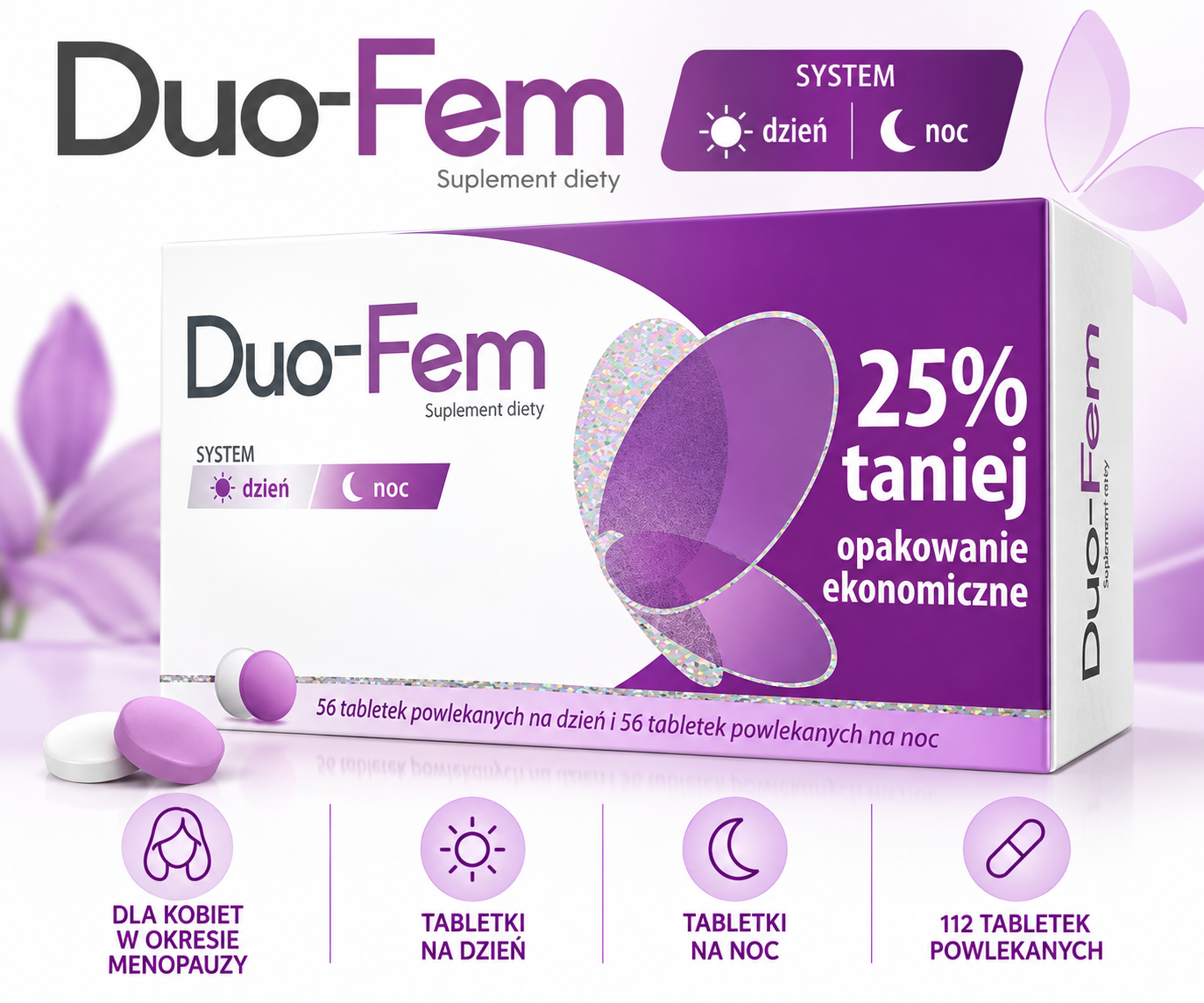Duo-Fem – suplement diety, opakowanie ekonomiczne 112 tabletek powlekanych: 56 tabletek na dzień i 56 tabletek na noc.