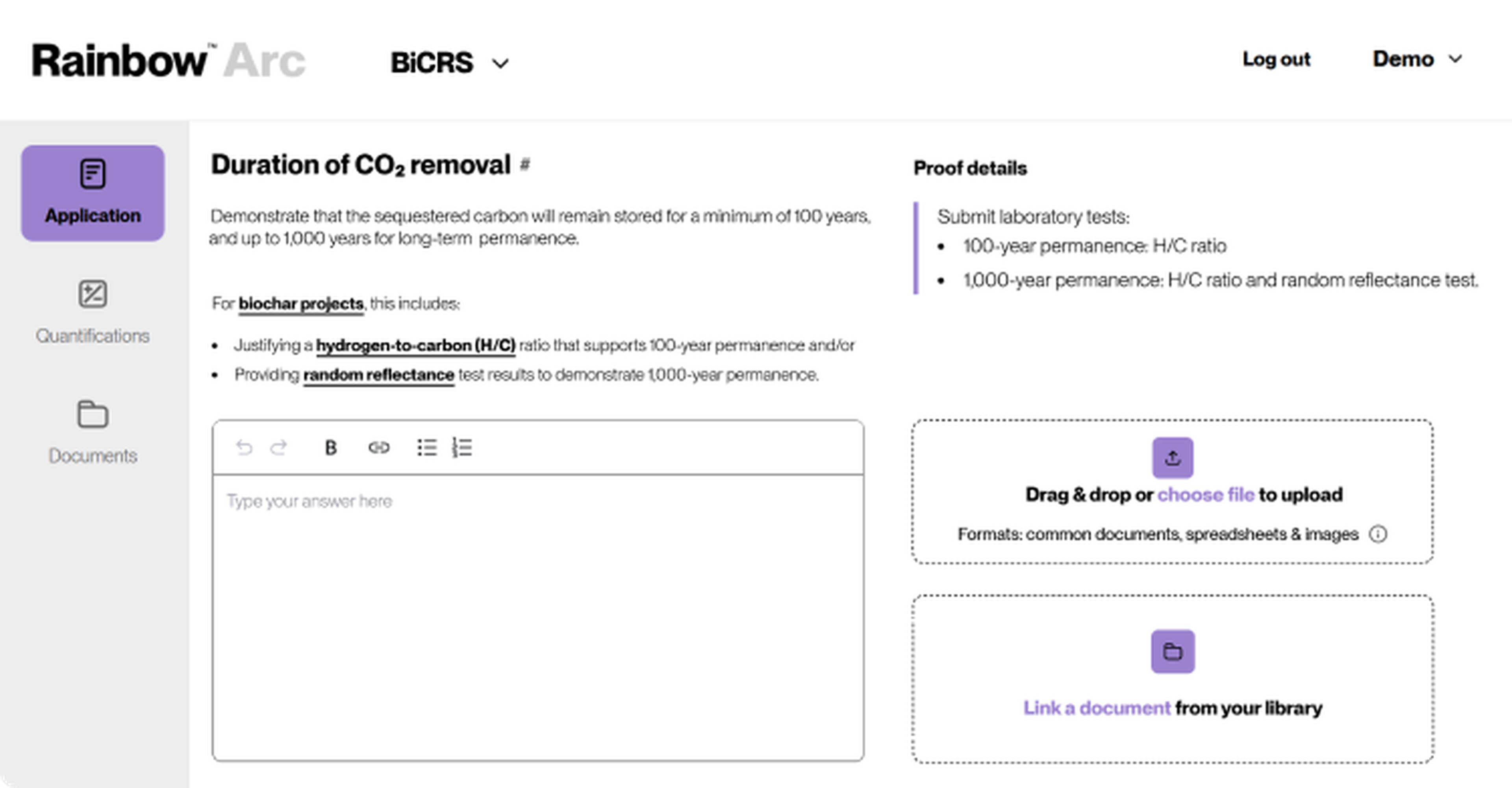 Dashboard interface for CO₂ removal application, showing proof details and options to upload or link documents for biochar projects.