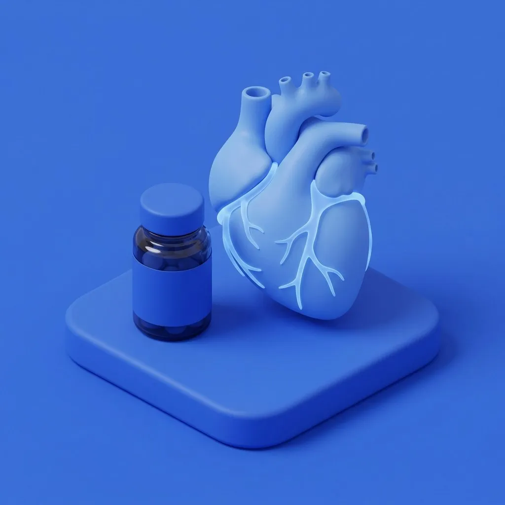 Tablet bottle beside stylized heart with widened vessels