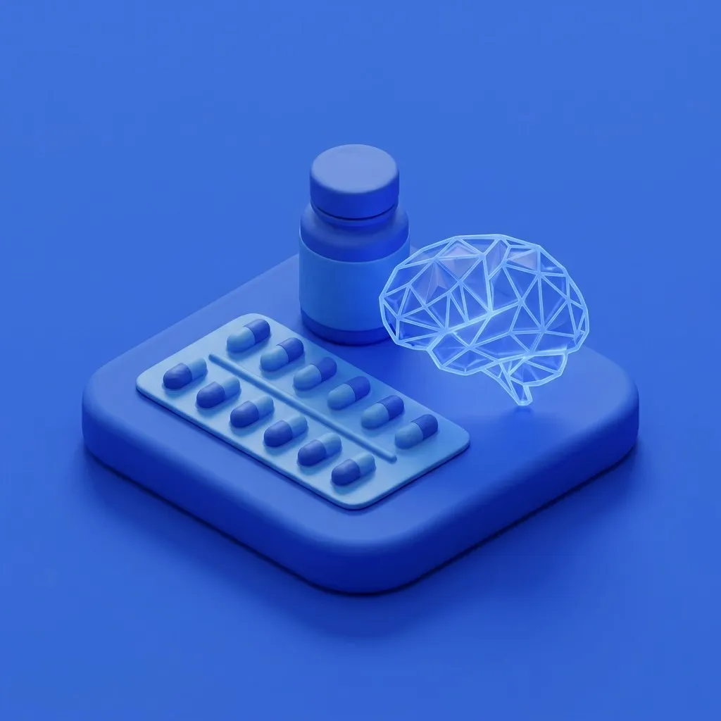 Nootropic capsules beside a stylized abstract brain outline