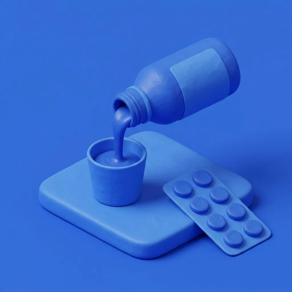 Amber cough syrup bottle with graduated dosing cup