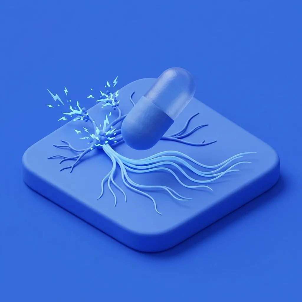 Capsule floating above a calming glowing nerve pathway