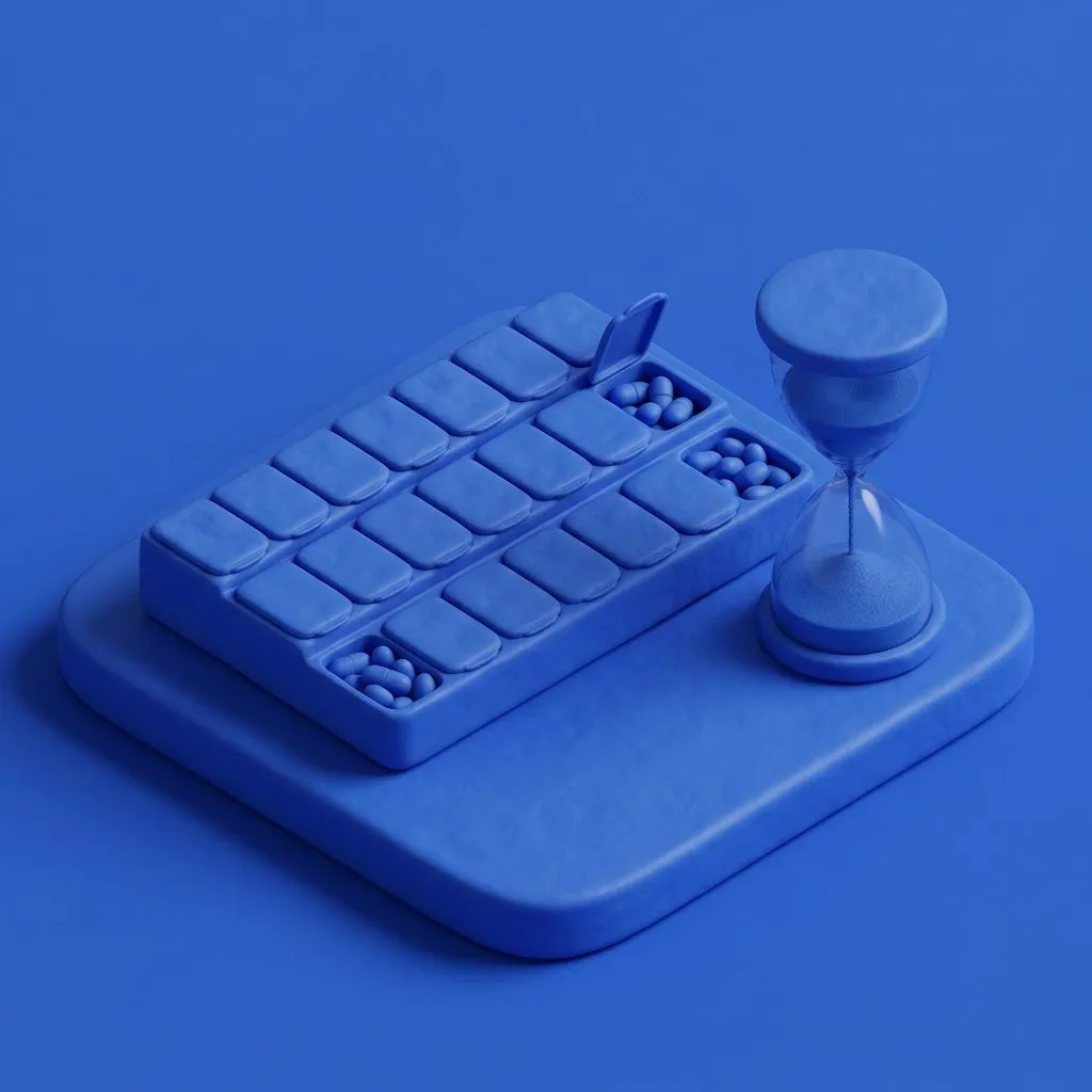 Pill organizer and hourglass showing a 28-day course