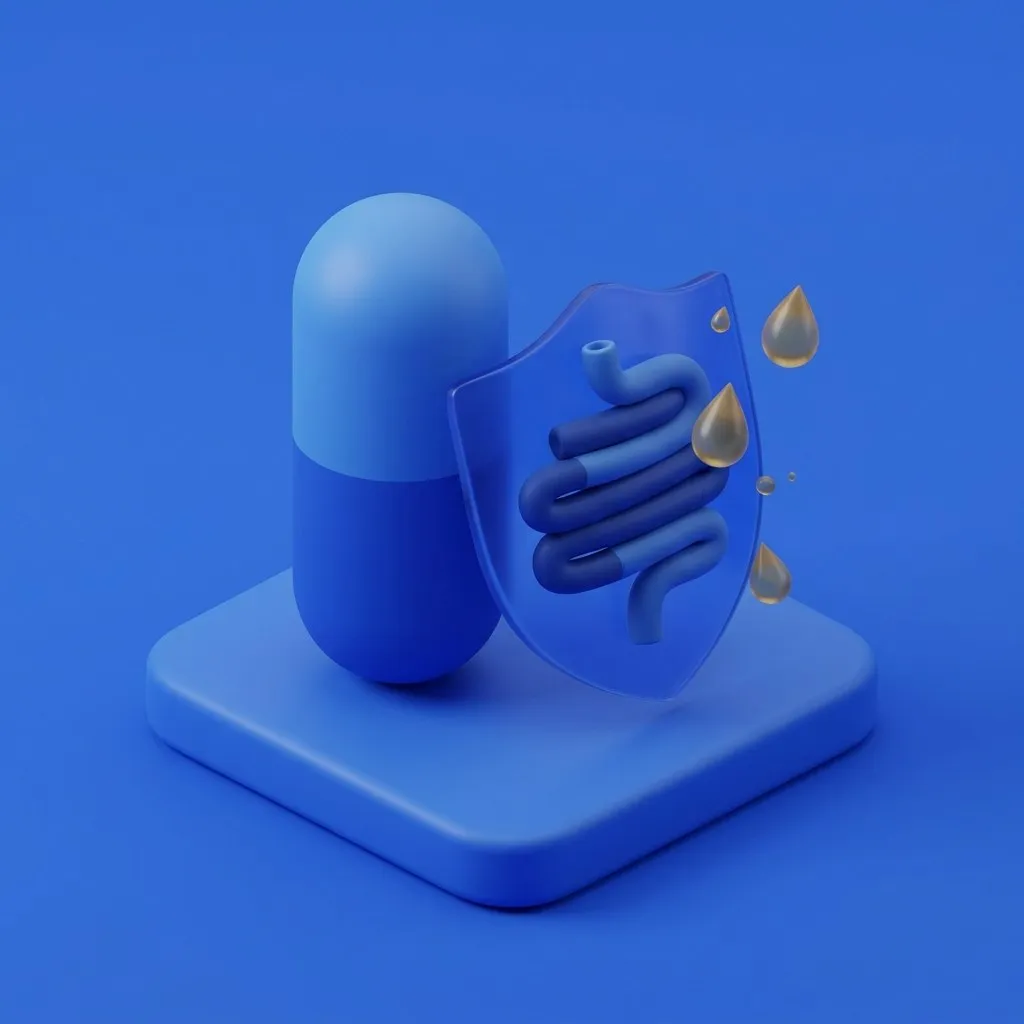 Orlistat capsule with oil droplets deflected from a stylized intestine