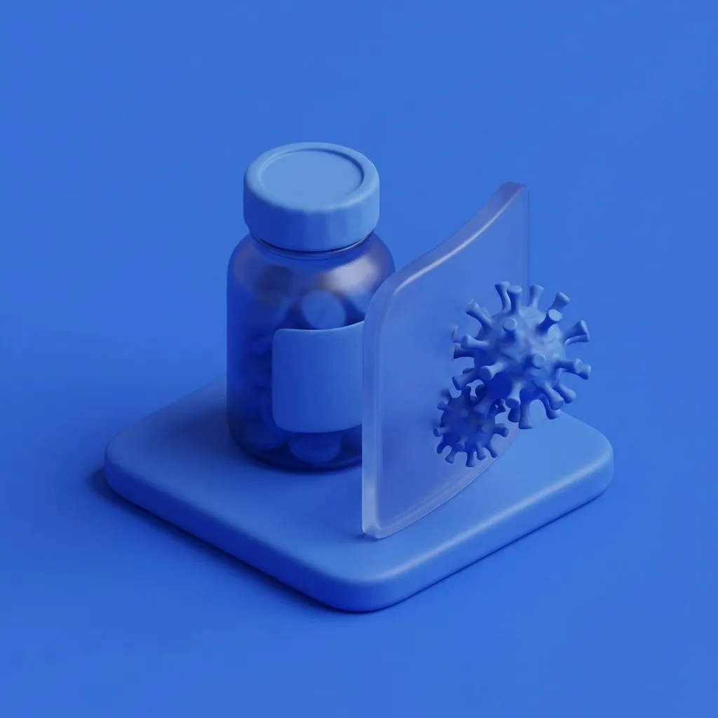 Antiviral medicine bottle blocking a stylized virus particle