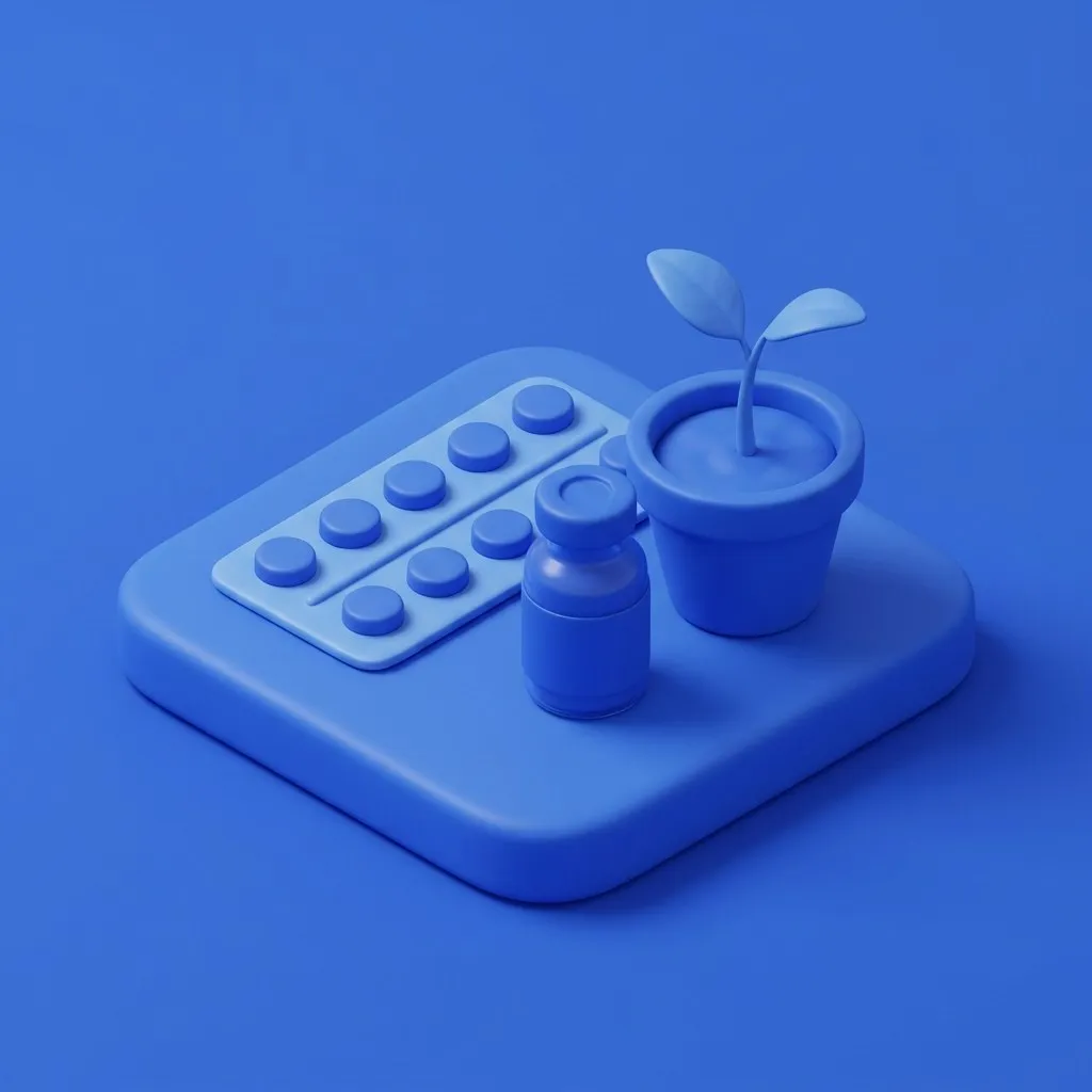 Tablets and medicine vial beside a sprouting seedling