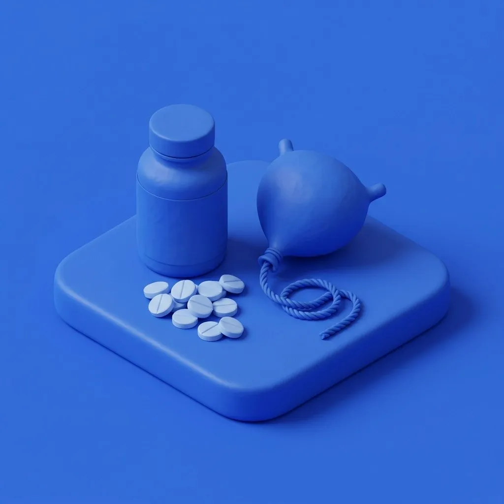 Pill bottle beside a stylized bladder with a loosening rope