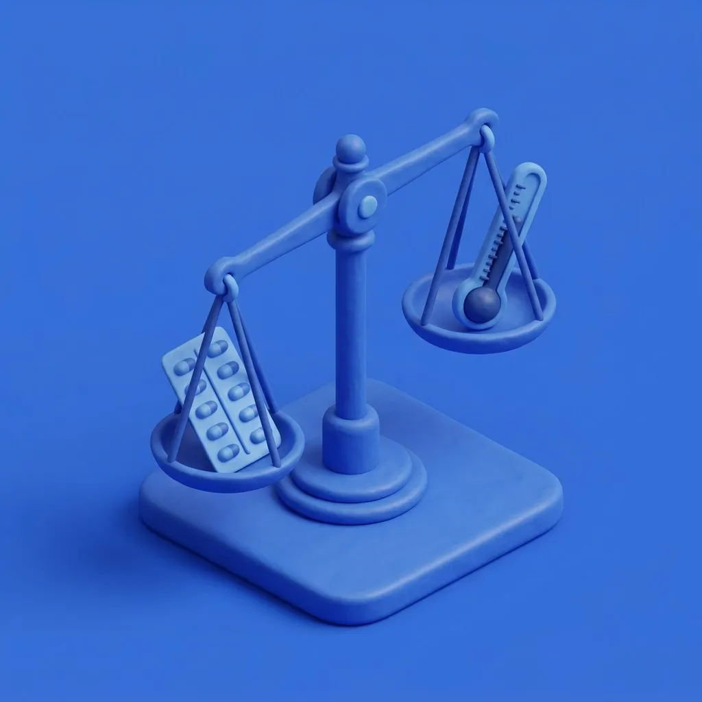 Balance scale weighing capsules against a thermometer