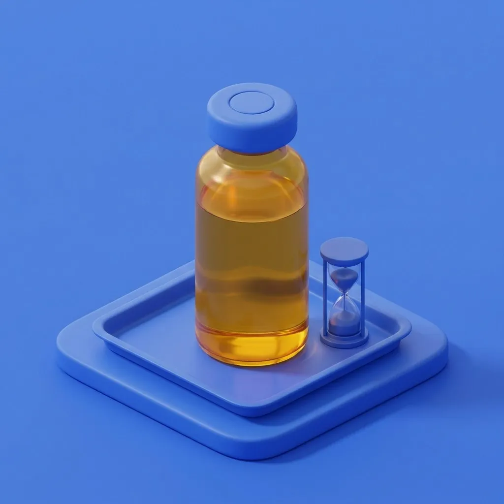 Amber medicine vial on a clinic tray with hourglass